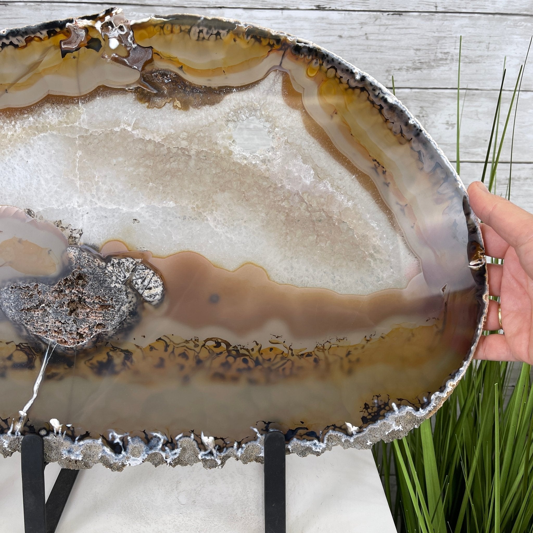 Special Large Natural Brazilian Agate Slice on a Metal Stand, 19.1" x 14.5" Tall Model #5056-0026 by Brazil Gems - Brazil GemsBrazil GemsSpecial Large Natural Brazilian Agate Slice on a Metal Stand, 19.1" x 14.5" Tall Model #5056-0026 by Brazil GemsSlices on Fixed Bases5056-0026