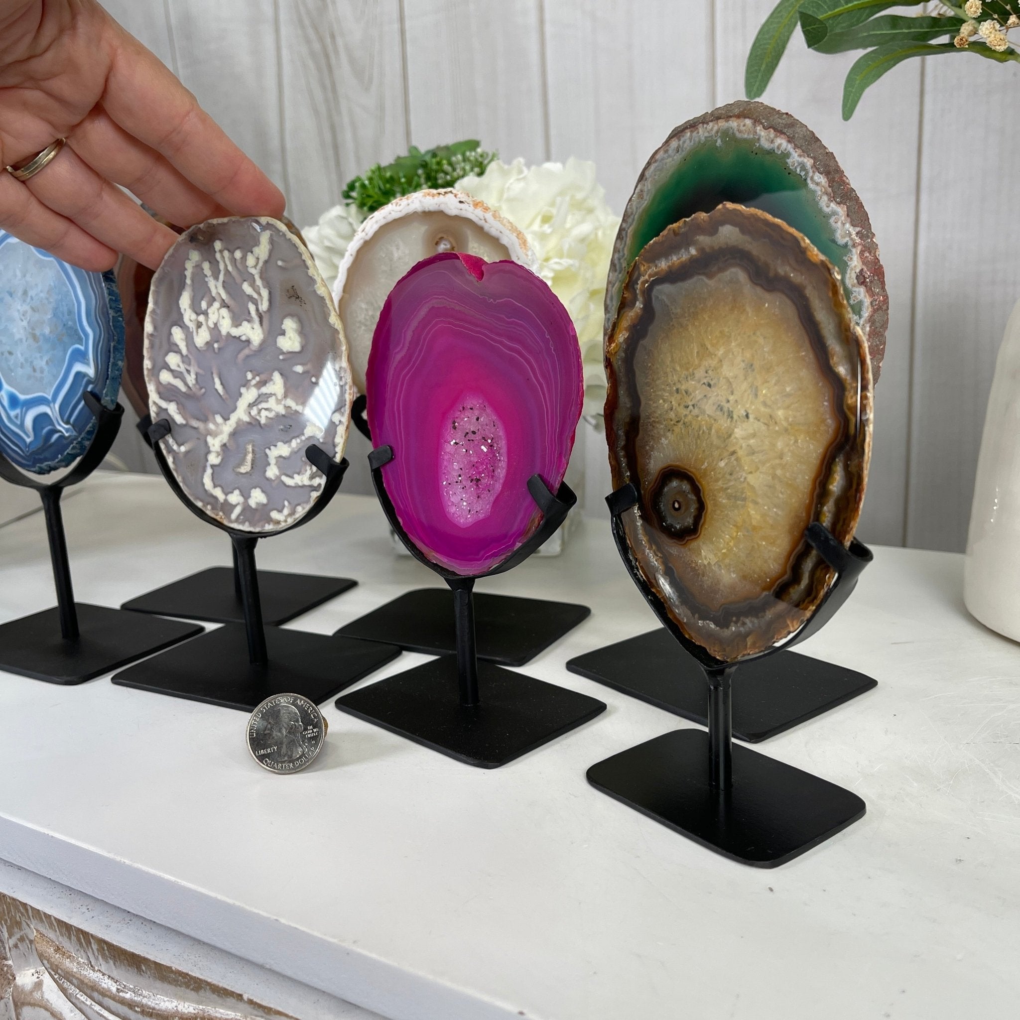 Special Smaller Dyed Blue, Pink, Green Brazilian Agate Slices on Metal Stands Model #5067 by Brazil Gems - Brazil GemsBrazil GemsSpecial Smaller Dyed Blue, Pink, Green Brazilian Agate Slices on Metal Stands Model #5067 by Brazil GemsSlices on Fixed Bases5067GR-001