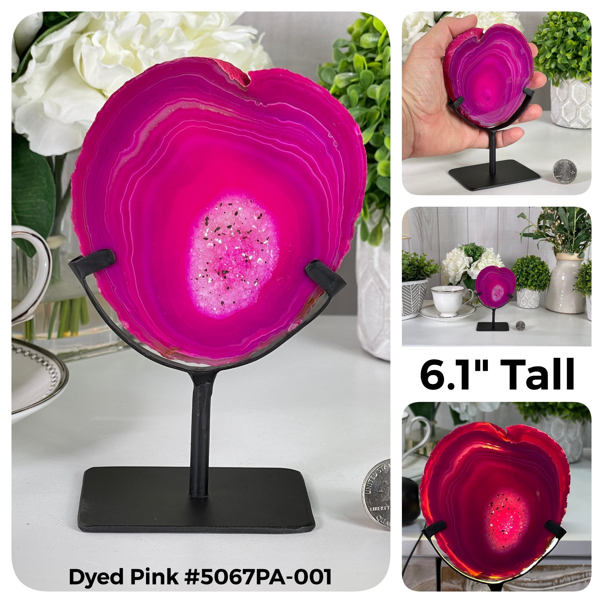 Special Smaller Dyed Blue, Pink, Green Brazilian Agate Slices on Metal Stands Model #5067 by Brazil Gems - Brazil GemsBrazil GemsSpecial Smaller Dyed Blue, Pink, Green Brazilian Agate Slices on Metal Stands Model #5067 by Brazil GemsSlices on Fixed Bases5067GR-002