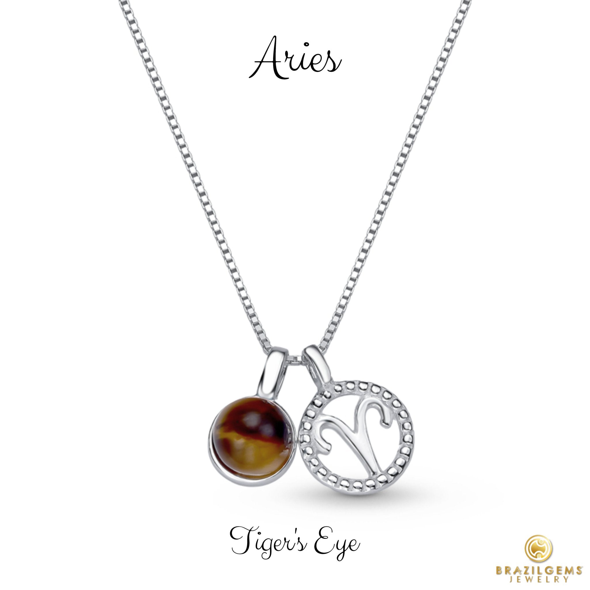 Sterling Silver Aries Zodiac Pendant Necklace w/ Natural Gemstone