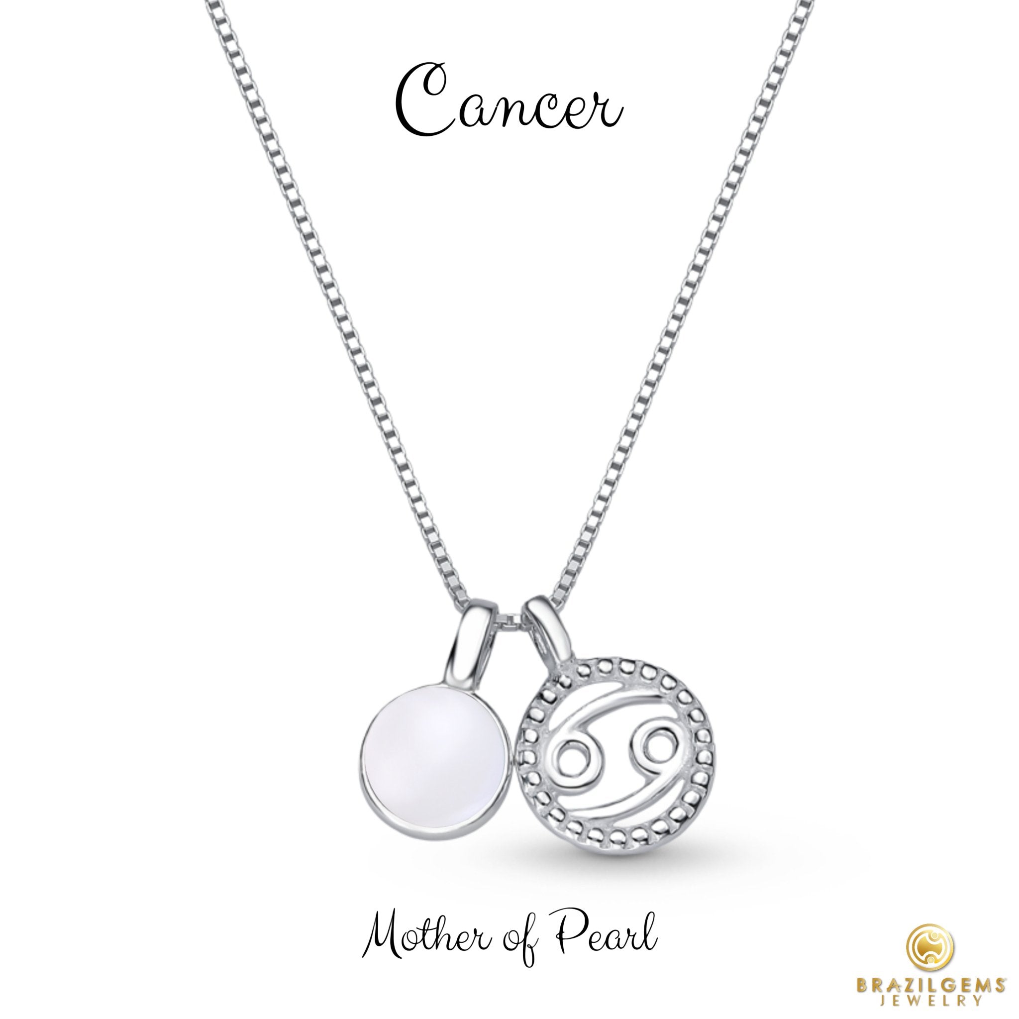 Sterling Silver Cancer Zodiac Pendant Necklace w/ Natural Gemstone - Brazil GemsBrazil GemsSterling Silver Cancer Zodiac Pendant Necklace w/ Natural GemstoneNecklace12SS9596 - 116