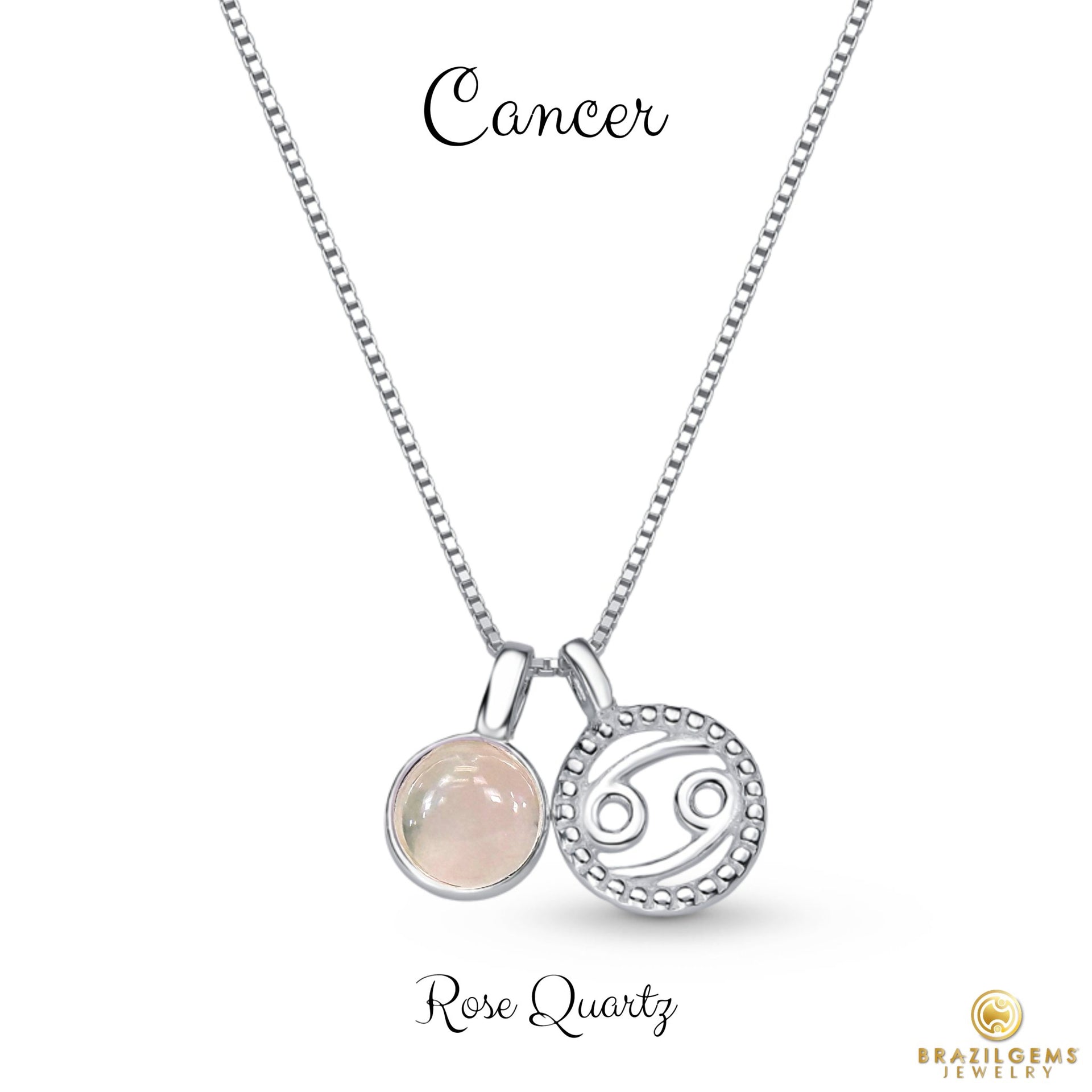 Sterling Silver Cancer Zodiac Pendant Necklace w/ Natural Gemstone