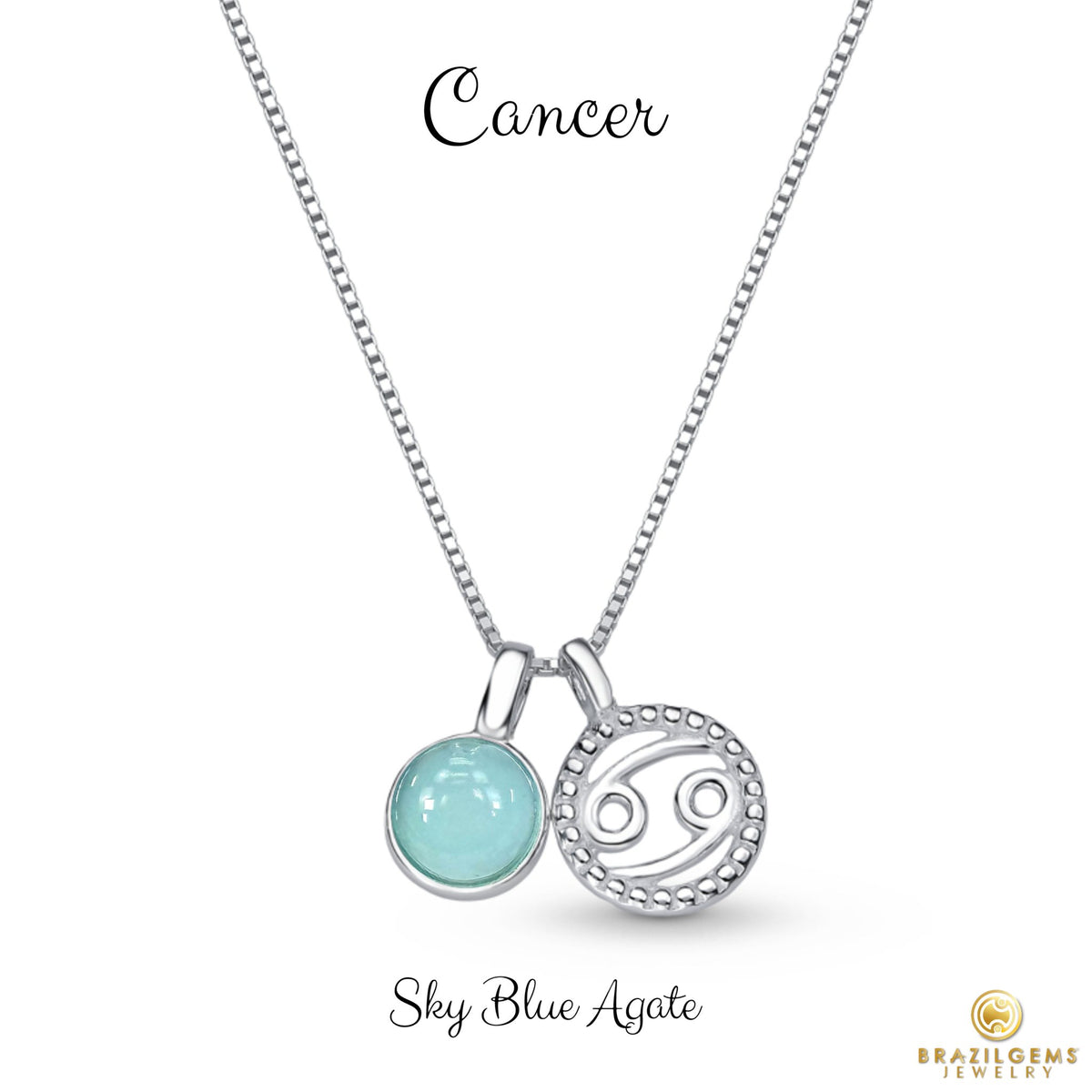 Sterling Silver Cancer Zodiac Pendant Necklace w/ Natural Gemstone 