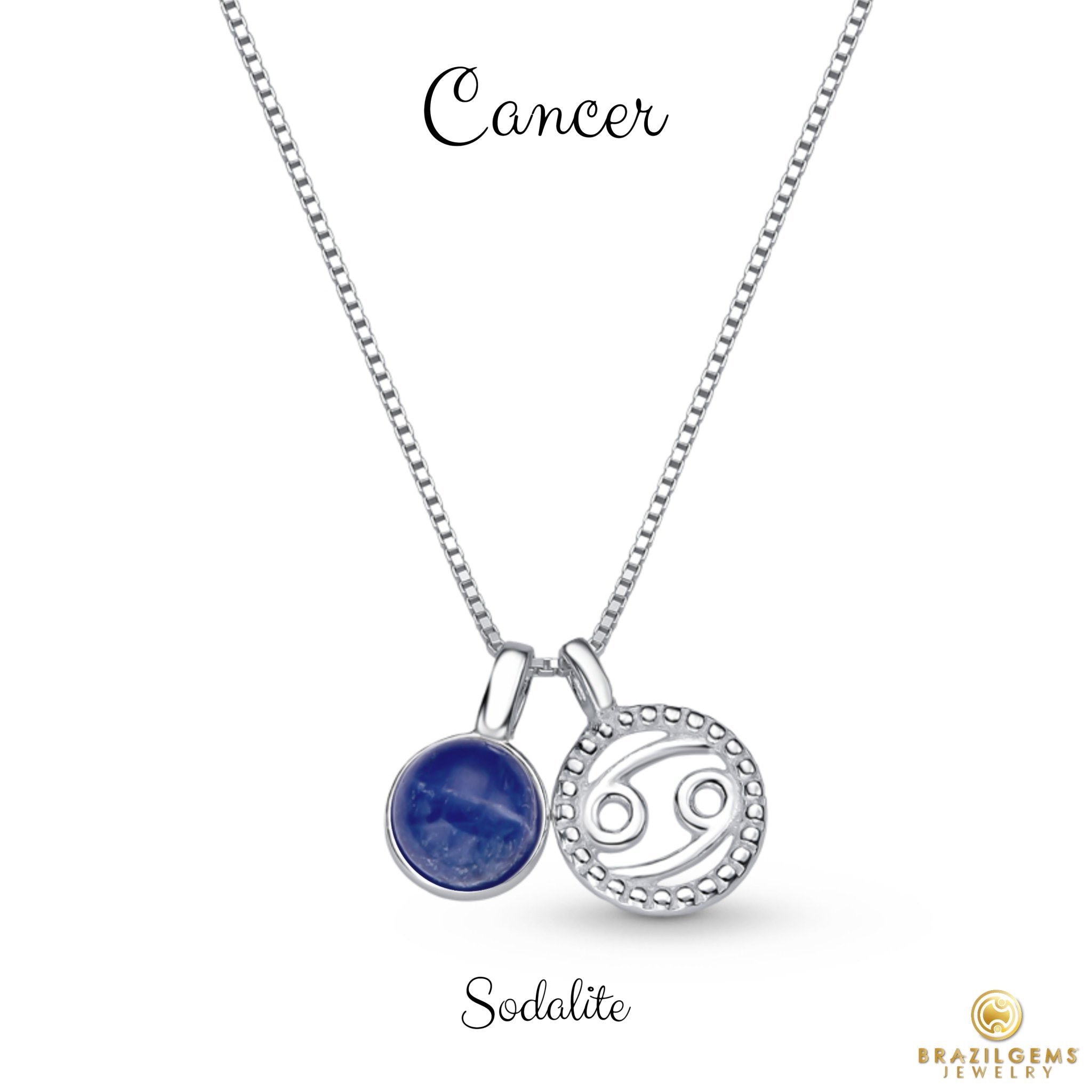 Sterling Silver Cancer Zodiac Pendant Necklace w/ Natural Gemstone - Brazil GemsBrazil GemsSterling Silver Cancer Zodiac Pendant Necklace w/ Natural GemstoneNecklace12SS9596 - 130