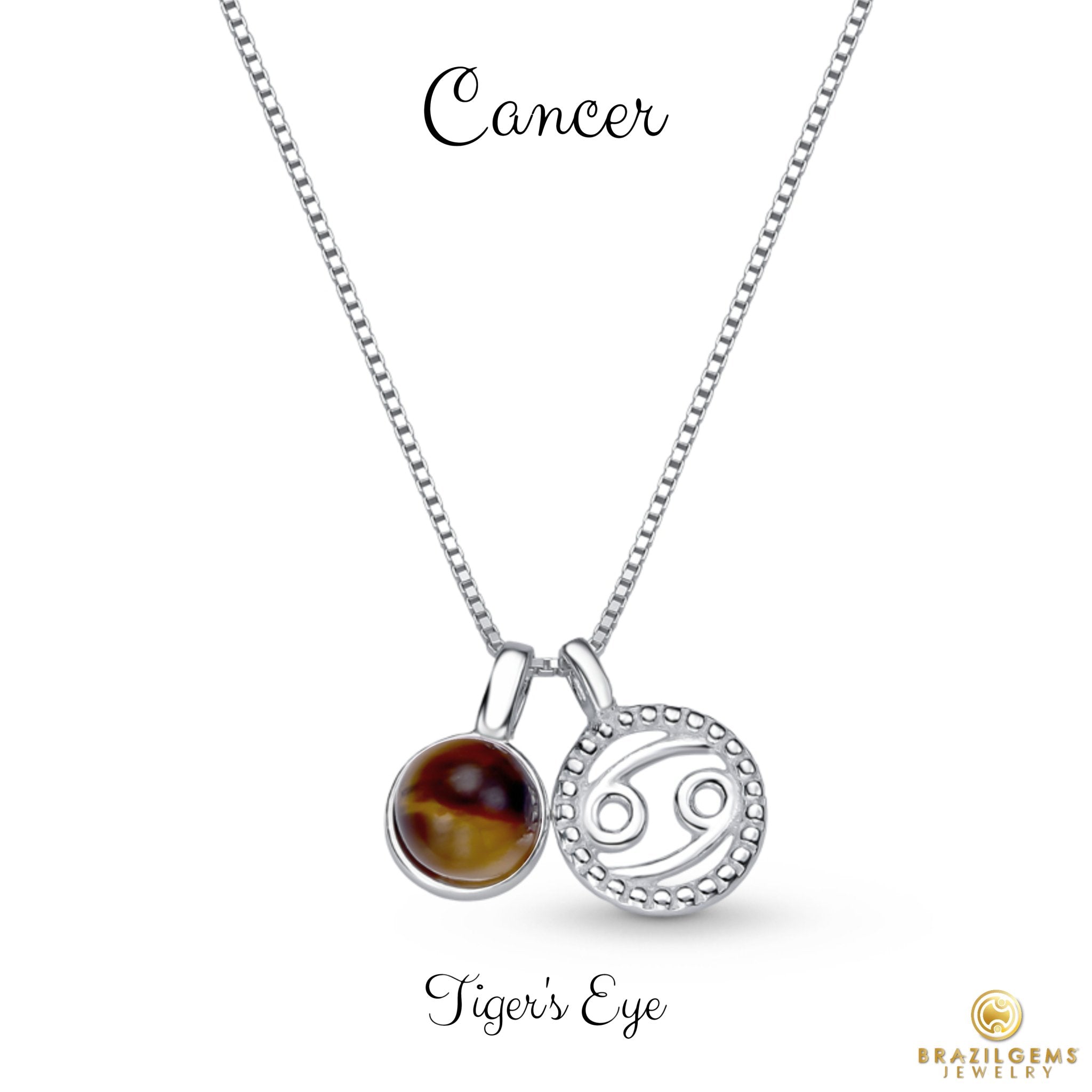 Sterling Silver Cancer Zodiac Pendant Necklace w/ Natural