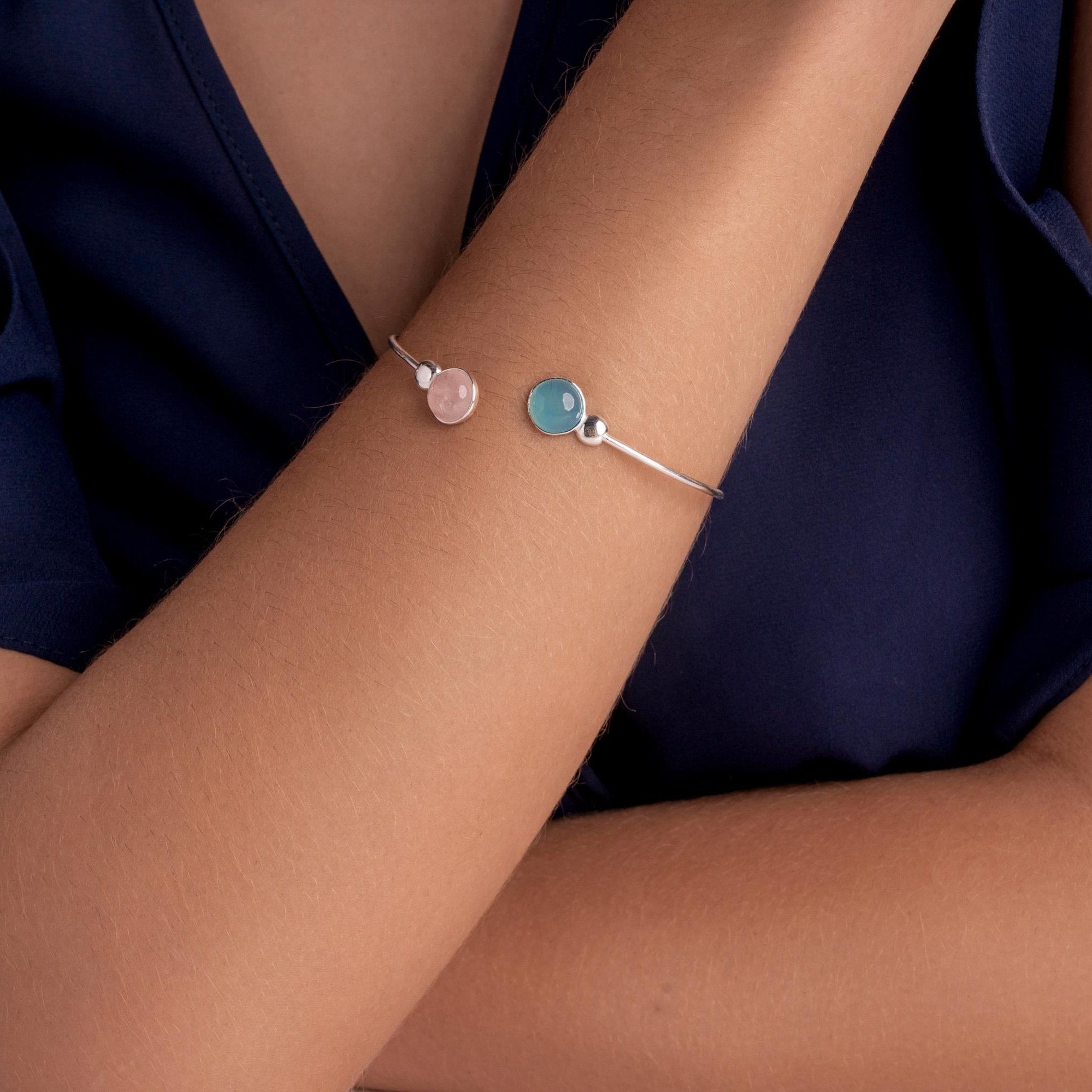 Sterling Silver Cuff Bracelet with 2 Round Natural Gemstones