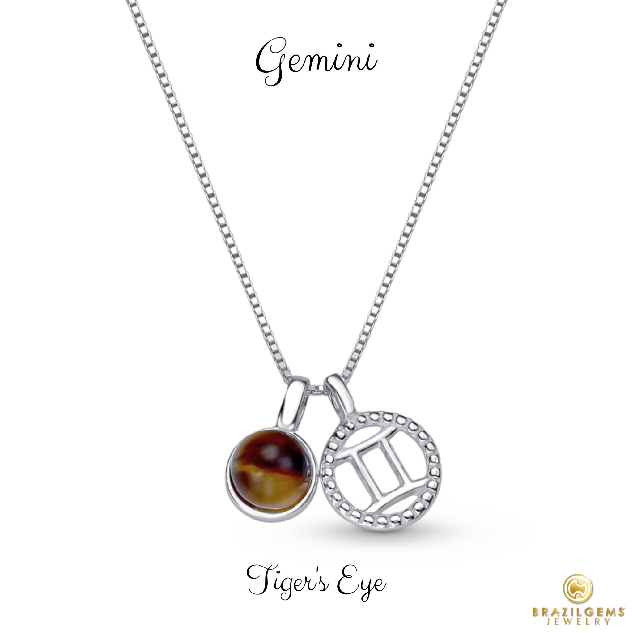 Sterling Silver Gemini Zodiac Pendant Necklace w/ Natural