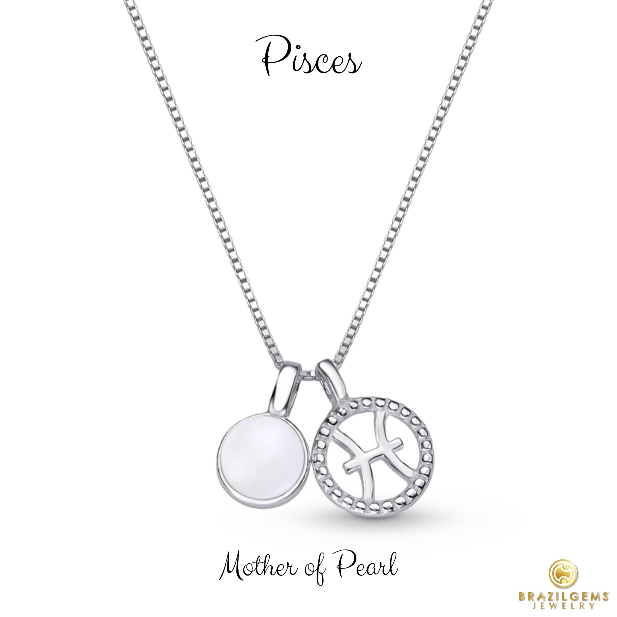 Sterling Silver Pisces Zodiac Pendant Necklace w/ Natural Gemstone