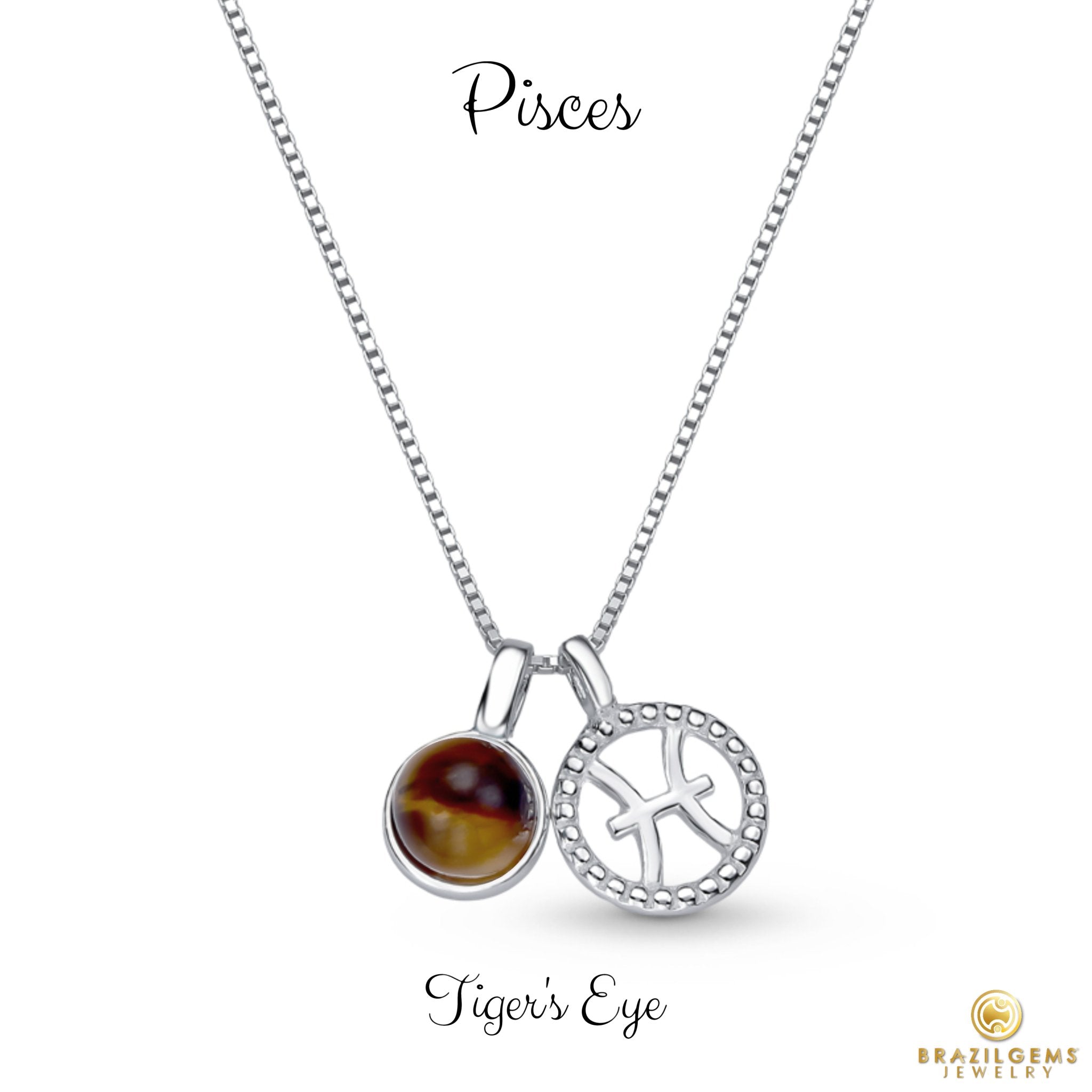 Sterling Silver Pisces Zodiac Pendant Necklace w/ Natural Gemstone