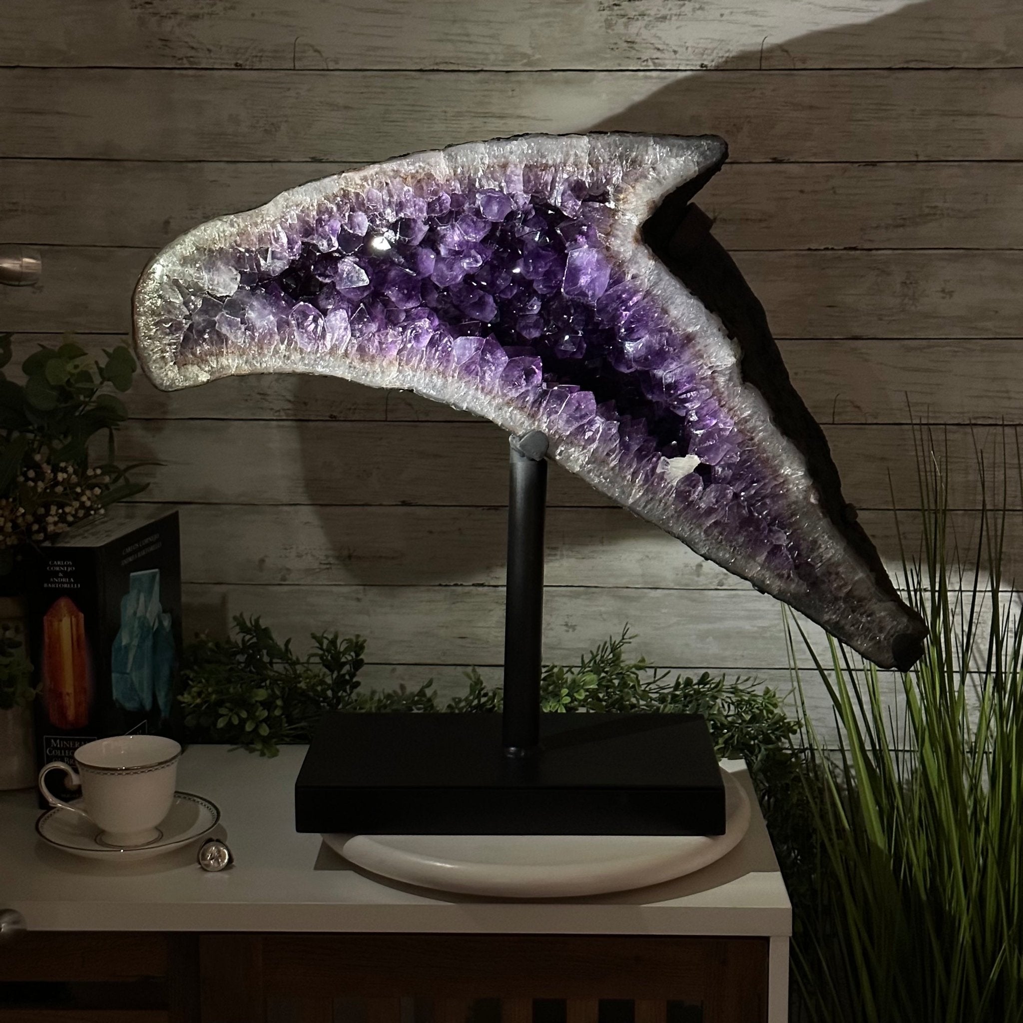 Super Quality Amethyst Cluster "Dolphin" on Metal Stand, 63.9 lbs & 22.1" tall #5491-0060 by Brazil Gems - Brazil GemsBrazil GemsSuper Quality Amethyst Cluster "Dolphin" on Metal Stand, 63.9 lbs & 22.1" tall #5491-0060 by Brazil GemsClusters on Fixed Bases5491-0060