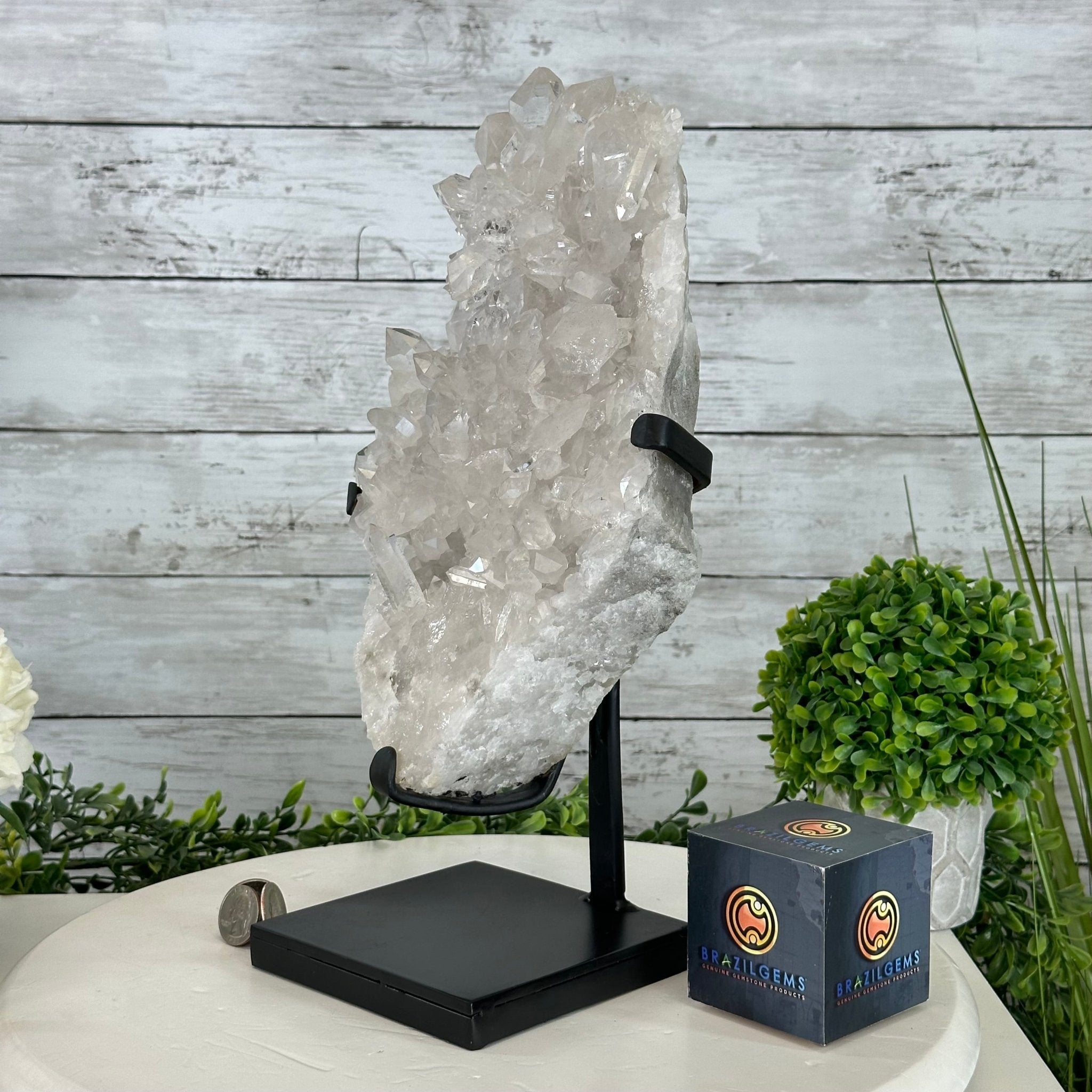 Super Quality Brazilian Clear Quartz Crystal Cluster, metal base, 10.1 lbs & 13.7" Tall #5495-0076 by Brazil Gems® - Brazil GemsBrazil GemsSuper Quality Brazilian Clear Quartz Crystal Cluster, metal base, 10.1 lbs & 13.7" Tall #5495-0076 by Brazil Gems®Clusters on Fixed Bases5495-0076