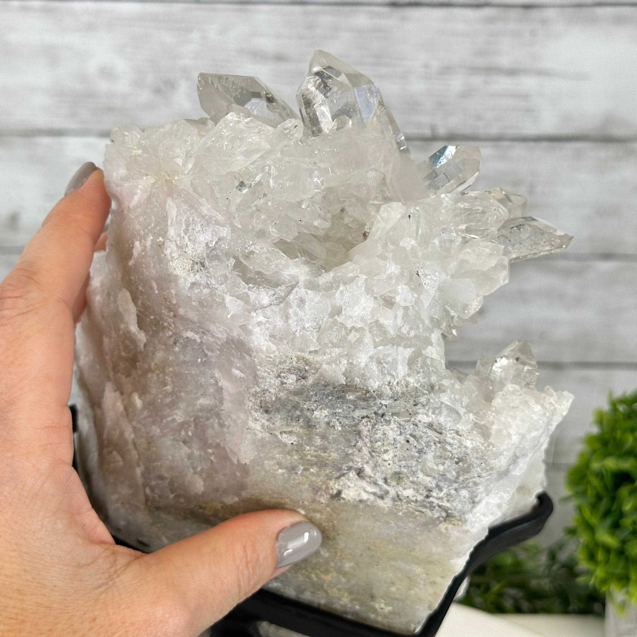 Super Quality Brazilian Clear Quartz Crystal Cluster, metal base, 10.1 lbs & 13.7" Tall #5495-0076 by Brazil Gems® - Brazil GemsBrazil GemsSuper Quality Brazilian Clear Quartz Crystal Cluster, metal base, 10.1 lbs & 13.7" Tall #5495-0076 by Brazil Gems®Clusters on Fixed Bases5495-0076