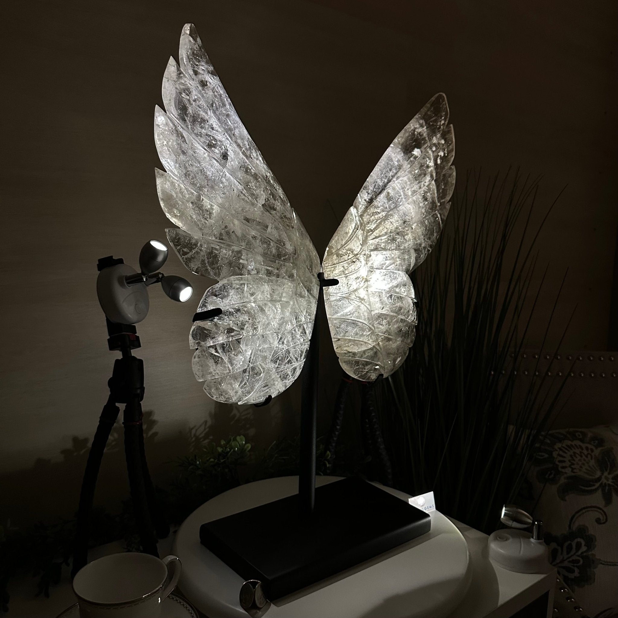 Super Quality Clear Quartz Angel Wings on a Metal Base, 19 lbs & 23" Tall #4444CQ - 001 - Brazil GemsBrazil GemsSuper Quality Clear Quartz Angel Wings on a Metal Base, 19 lbs & 23" Tall #4444CQ - 001Carved Angel Wings4444CQ - 001