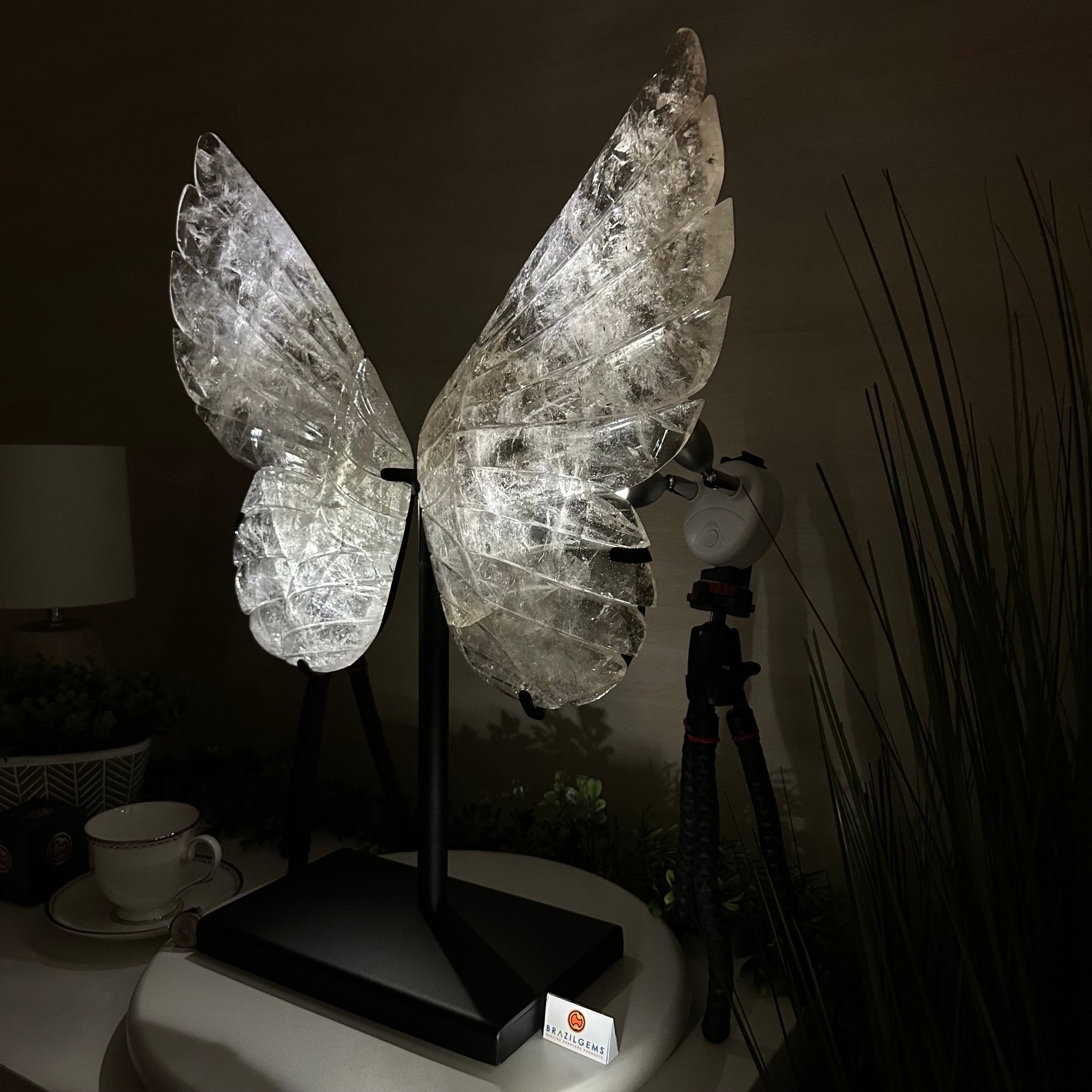 Super Quality Clear Quartz Angel Wings on a Metal Base, 19 lbs & 23" Tall #4444CQ - 001 - Brazil GemsBrazil GemsSuper Quality Clear Quartz Angel Wings on a Metal Base, 19 lbs & 23" Tall #4444CQ - 001Carved Angel Wings4444CQ - 001