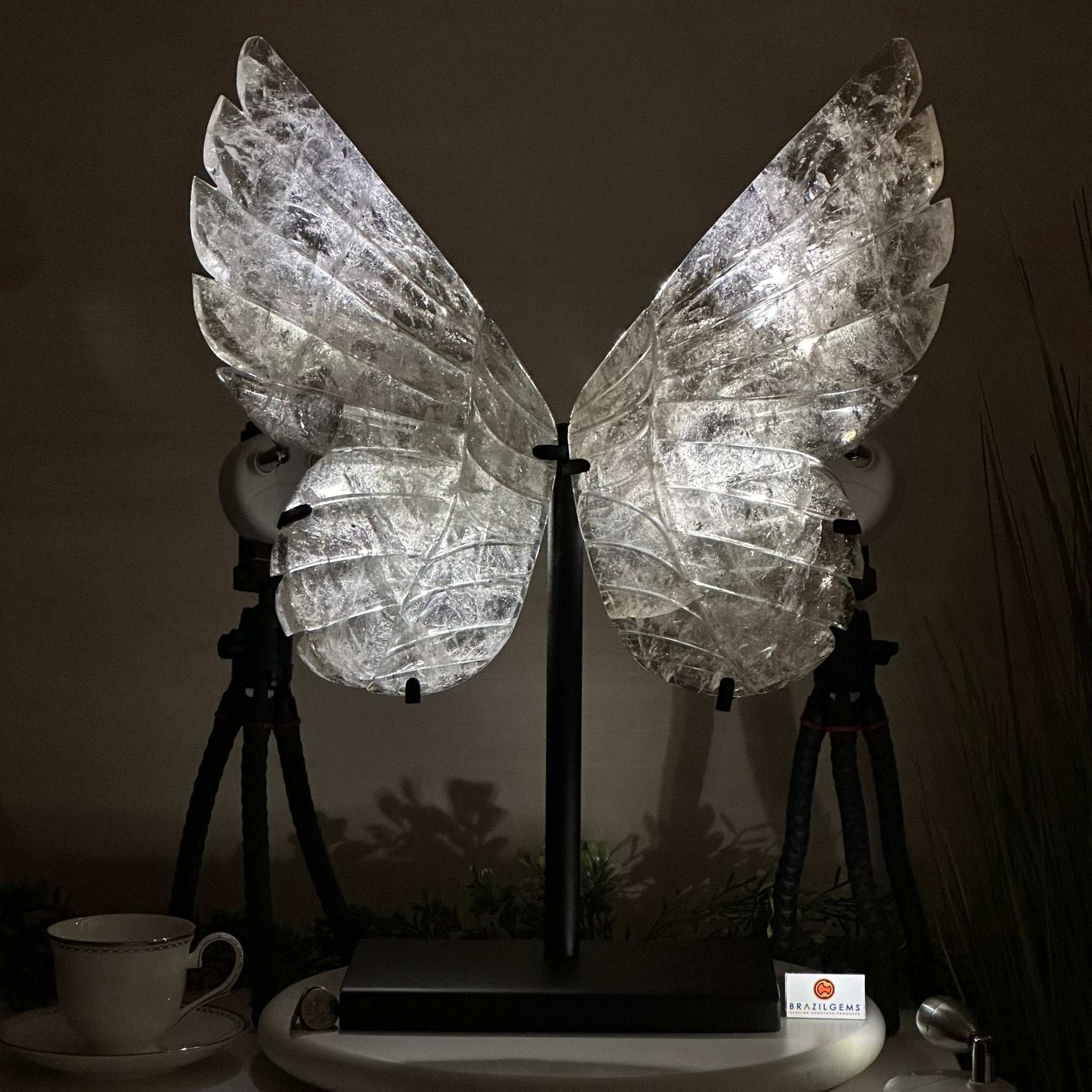 Super Quality Clear Quartz Angel Wings on a Metal Base, 19 lbs & 23" Tall #4444CQ - 001 - Brazil GemsBrazil GemsSuper Quality Clear Quartz Angel Wings on a Metal Base, 19 lbs & 23" Tall #4444CQ - 001Carved Angel Wings4444CQ - 001