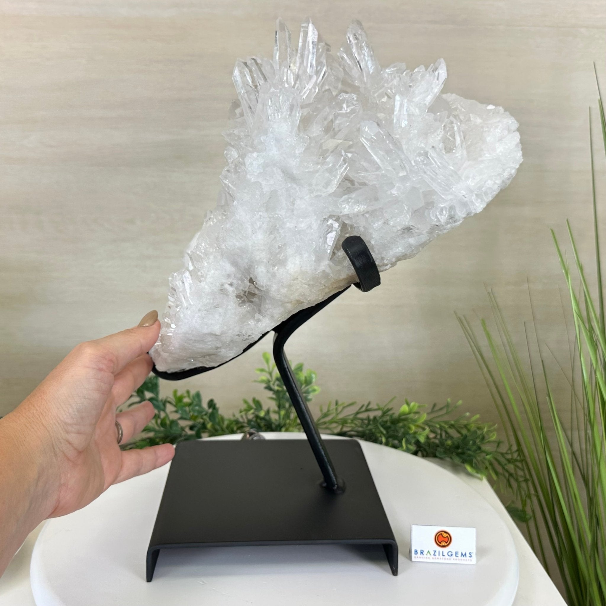 Super Quality Clear Quartz Cluster, Metal Stand, 33.7 lbs & 15.7" Tall 5495 - 0099 - Brazil GemsBrazil GemsSuper Quality Clear Quartz Cluster, Metal Stand, 33.7 lbs & 15.7" Tall 5495 - 0099Clusters on Fixed Bases5495 - 0099