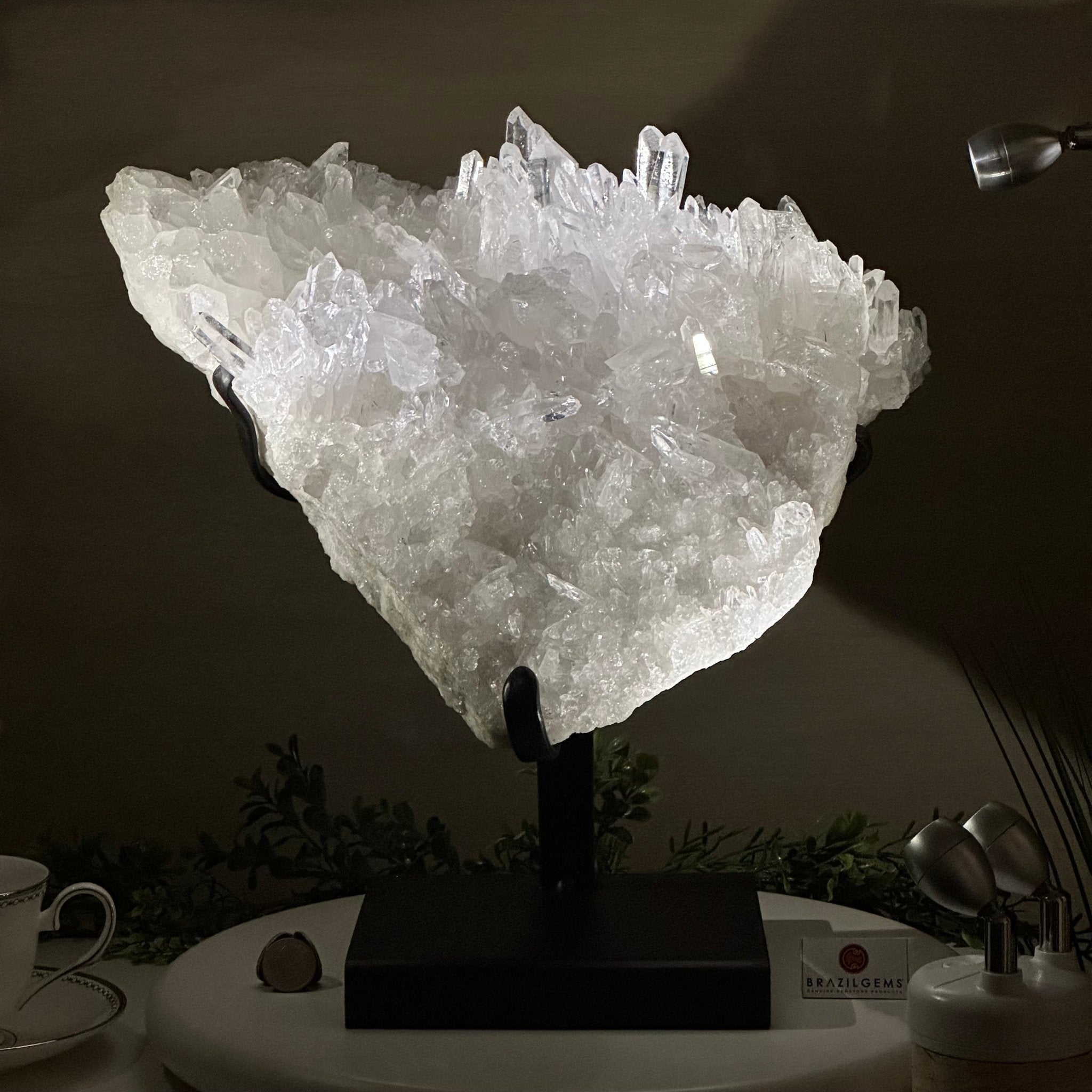 Super Quality Clear Quartz Cluster, Metal Stand, 33.7 lbs & 15.7" Tall 5495 - 0099 - Brazil GemsBrazil GemsSuper Quality Clear Quartz Cluster, Metal Stand, 33.7 lbs & 15.7" Tall 5495 - 0099Clusters on Fixed Bases5495 - 0099