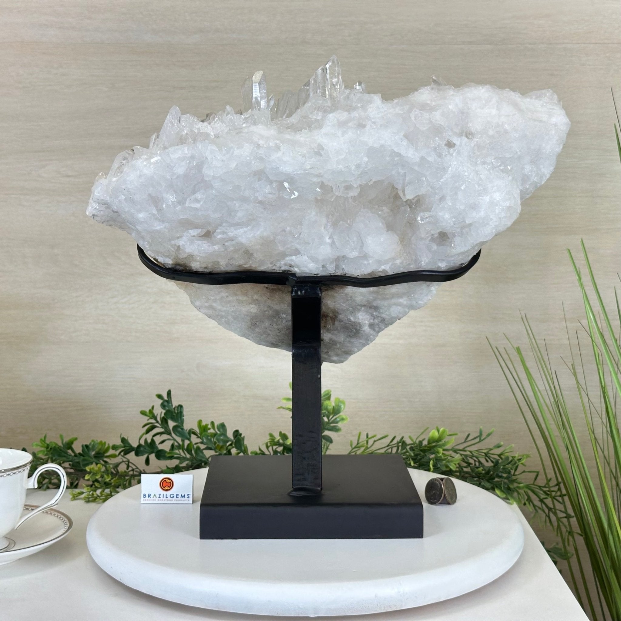 Super Quality Clear Quartz Cluster, Metal Stand, 33.7 lbs & 15.7" Tall 5495 - 0099 - Brazil GemsBrazil GemsSuper Quality Clear Quartz Cluster, Metal Stand, 33.7 lbs & 15.7" Tall 5495 - 0099Clusters on Fixed Bases5495 - 0099