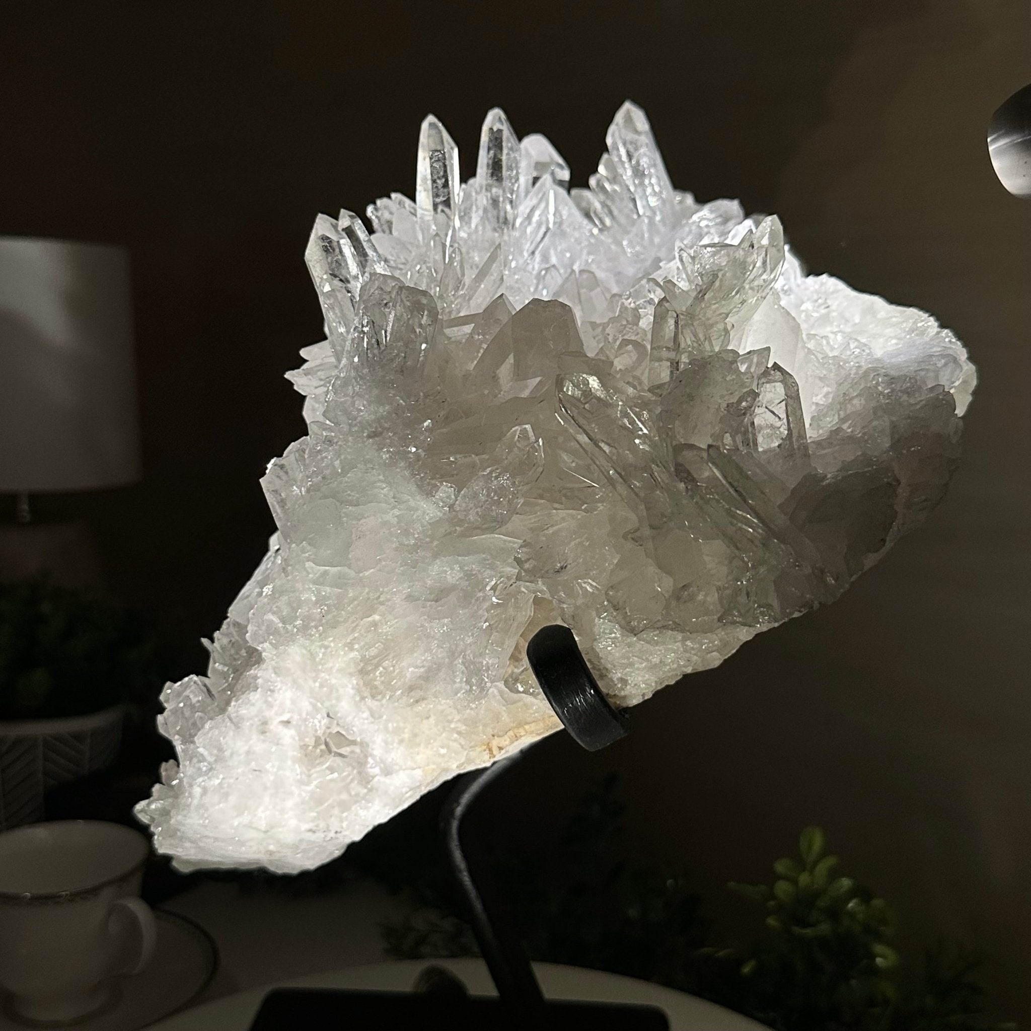 Super Quality Clear Quartz Cluster, Metal Stand, 33.7 lbs & 15.7" Tall 5495 - 0099 - Brazil GemsBrazil GemsSuper Quality Clear Quartz Cluster, Metal Stand, 33.7 lbs & 15.7" Tall 5495 - 0099Clusters on Fixed Bases5495 - 0099