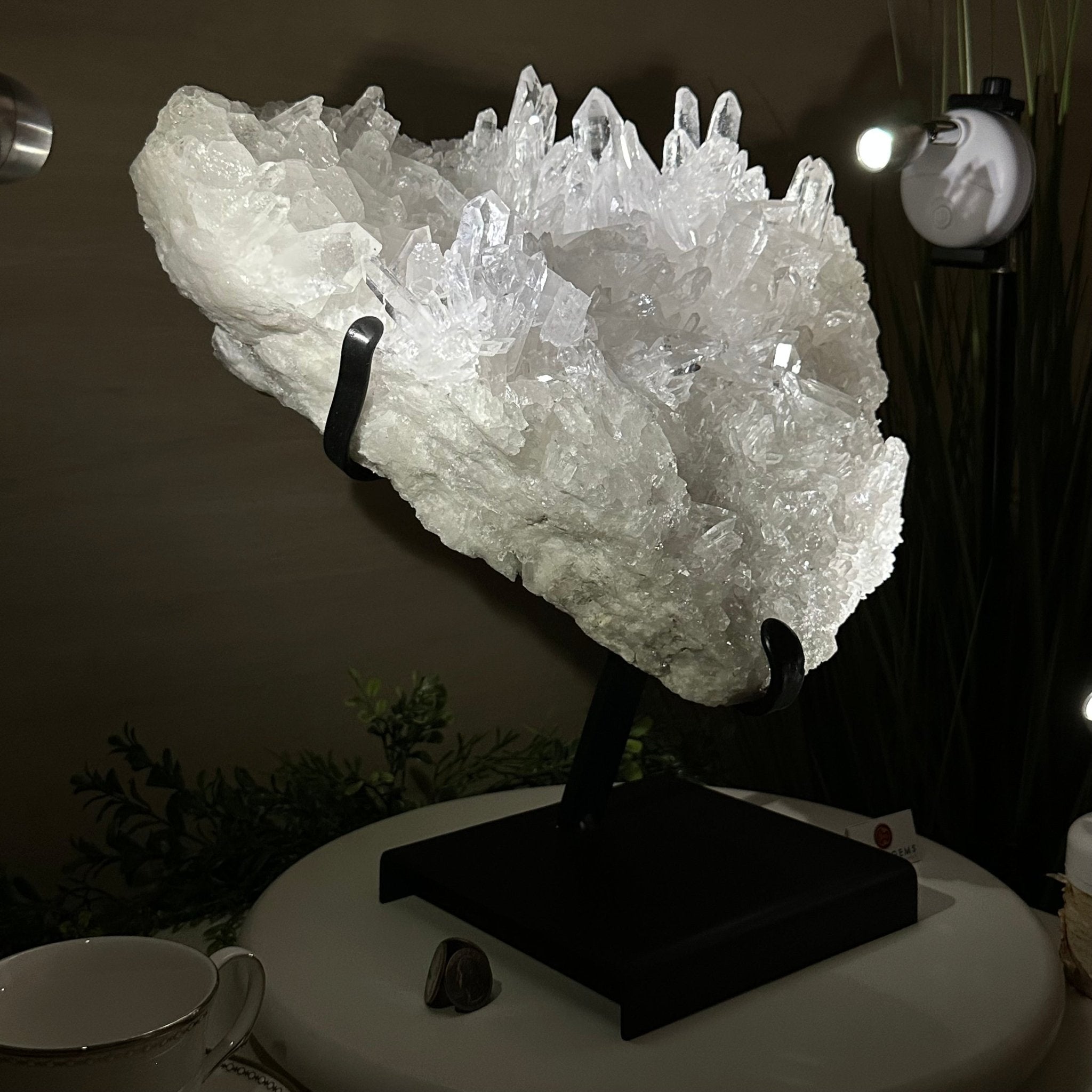 Super Quality Clear Quartz Cluster, Metal Stand, 33.7 lbs & 15.7" Tall 5495 - 0099 - Brazil GemsBrazil GemsSuper Quality Clear Quartz Cluster, Metal Stand, 33.7 lbs & 15.7" Tall 5495 - 0099Clusters on Fixed Bases5495 - 0099