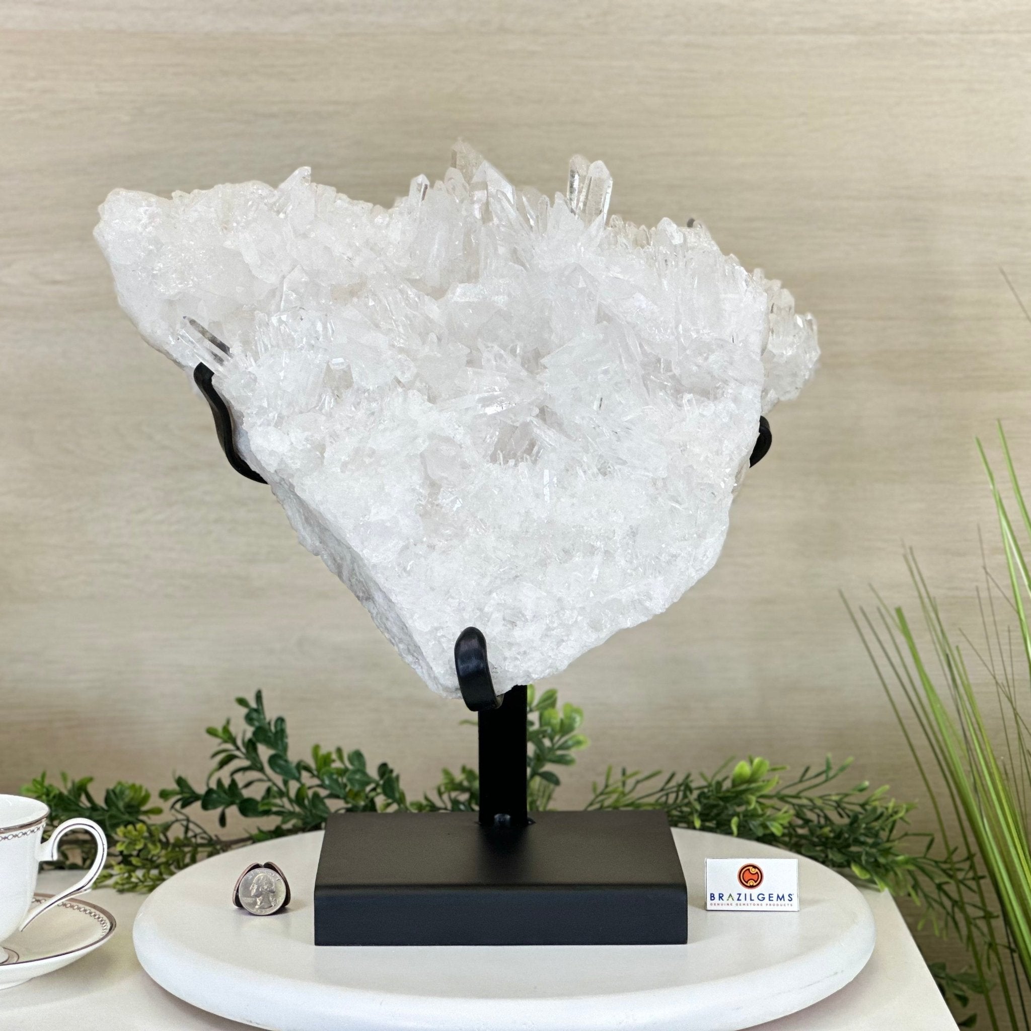 Super Quality Clear Quartz Cluster, Metal Stand, 33.7 lbs & 15.7" Tall 5495 - 0099 - Brazil GemsBrazil GemsSuper Quality Clear Quartz Cluster, Metal Stand, 33.7 lbs & 15.7" Tall 5495 - 0099Clusters on Fixed Bases5495 - 0099