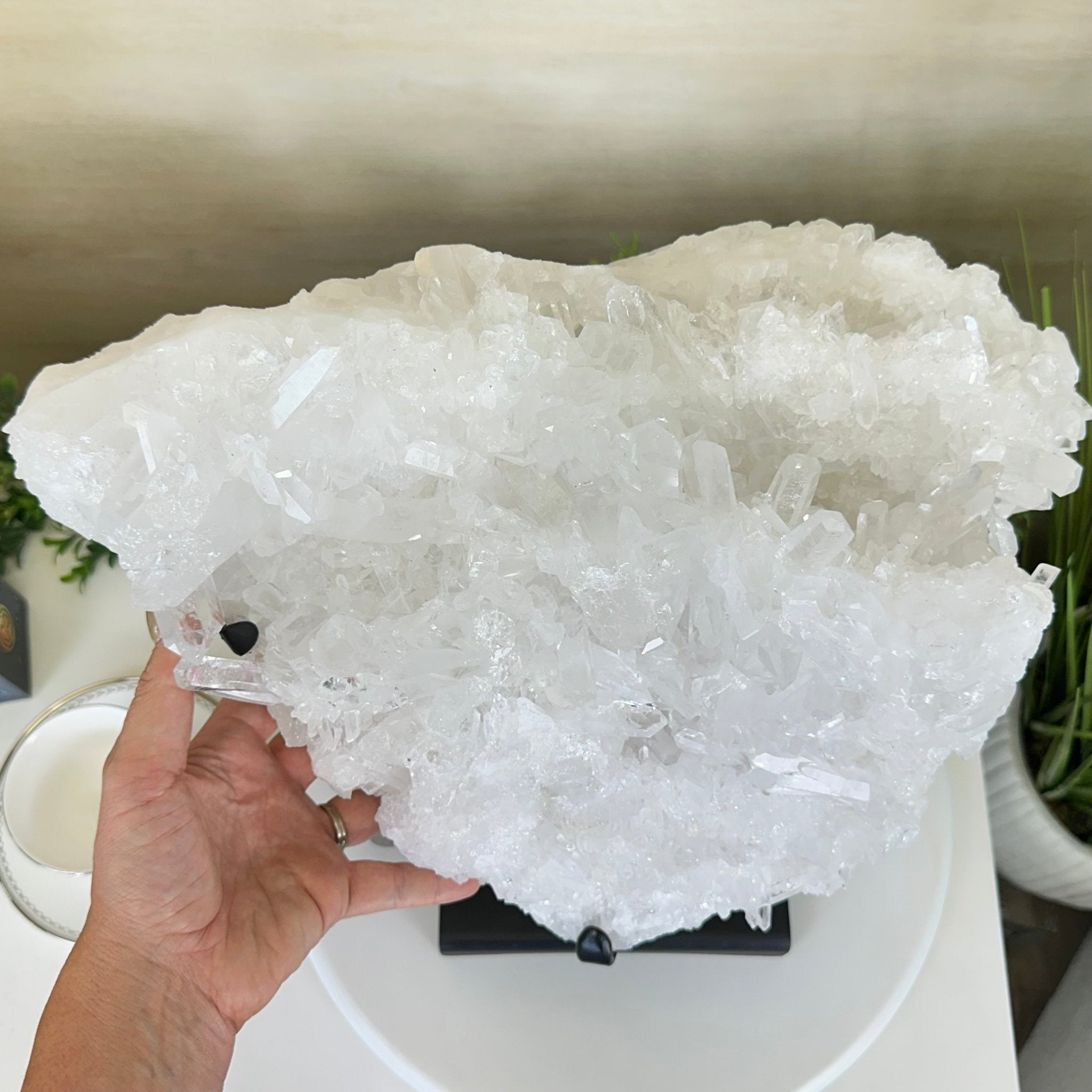 Super Quality Clear Quartz Cluster, Metal Stand, 33.7 lbs & 15.7" Tall 5495 - 0099 - Brazil GemsBrazil GemsSuper Quality Clear Quartz Cluster, Metal Stand, 33.7 lbs & 15.7" Tall 5495 - 0099Clusters on Fixed Bases5495 - 0099