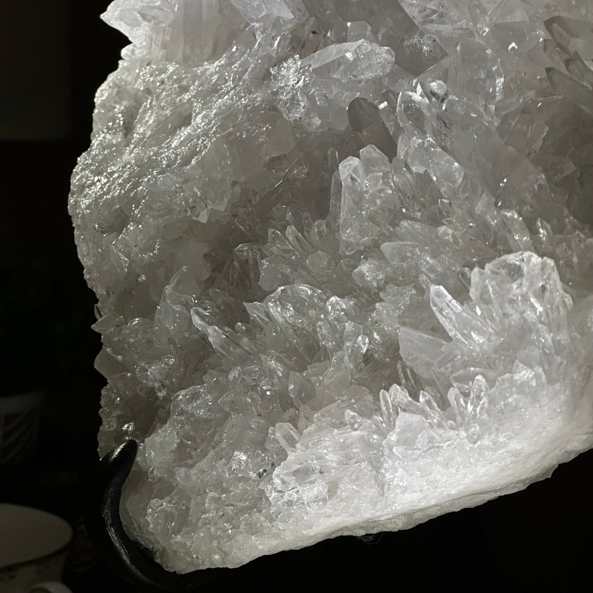 Super Quality Clear Quartz Cluster, Metal Stand, 33.7 lbs & 15.7" Tall 5495 - 0099 - Brazil GemsBrazil GemsSuper Quality Clear Quartz Cluster, Metal Stand, 33.7 lbs & 15.7" Tall 5495 - 0099Clusters on Fixed Bases5495 - 0099