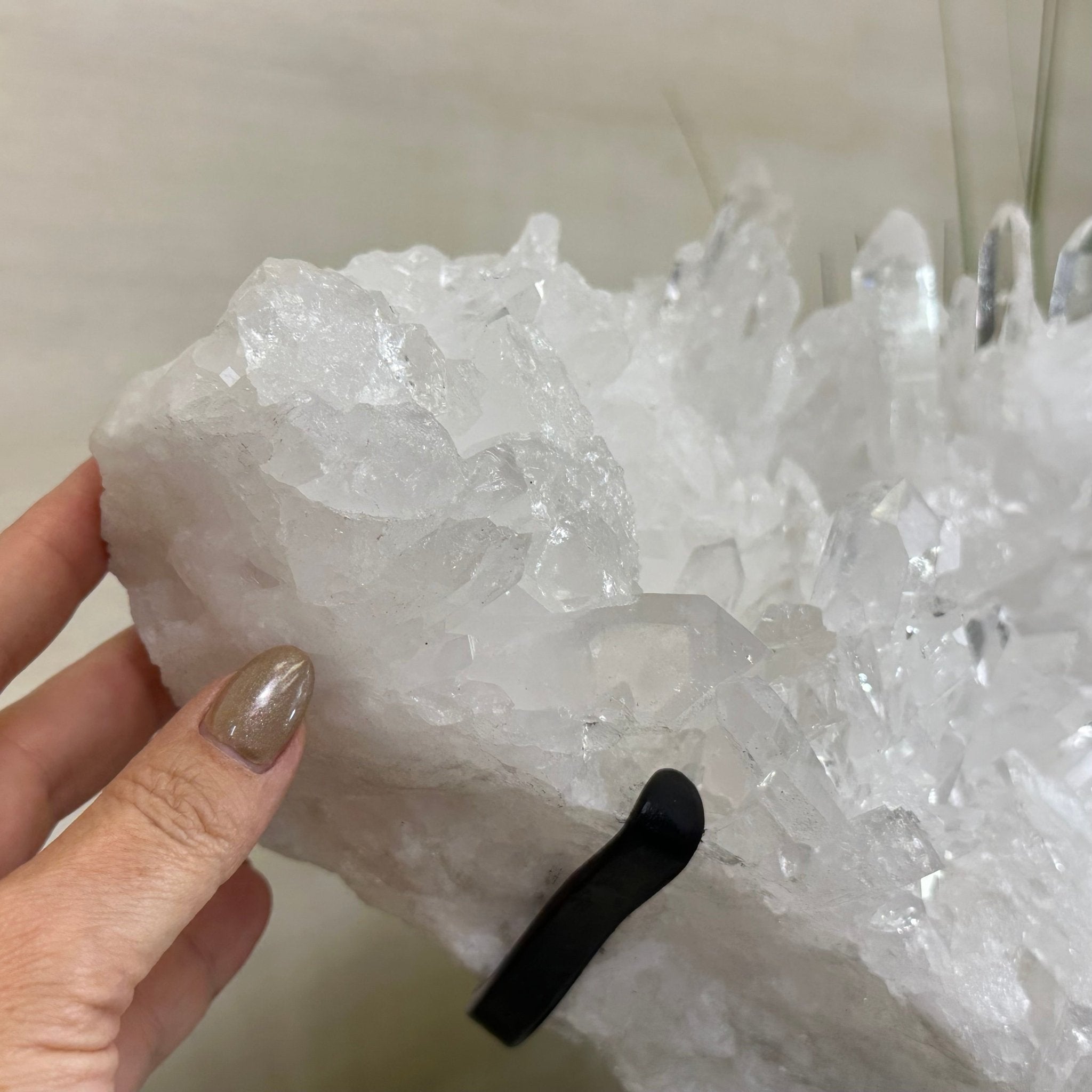 Super Quality Clear Quartz Cluster, Metal Stand, 33.7 lbs & 15.7" Tall 5495 - 0099 - Brazil GemsBrazil GemsSuper Quality Clear Quartz Cluster, Metal Stand, 33.7 lbs & 15.7" Tall 5495 - 0099Clusters on Fixed Bases5495 - 0099