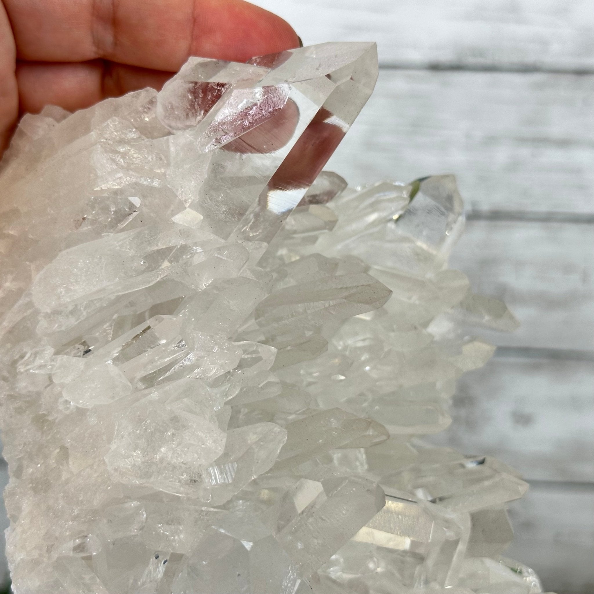Super Quality Clear Quartz Crystal Cluster, metal base, 8.4 lbs & 11.1" Tall #5495-0077 by Brazil Gems® - Brazil GemsBrazil GemsSuper Quality Clear Quartz Crystal Cluster, metal base, 8.4 lbs & 11.1" Tall #5495-0077 by Brazil Gems®Clusters on Fixed Bases5495-0077