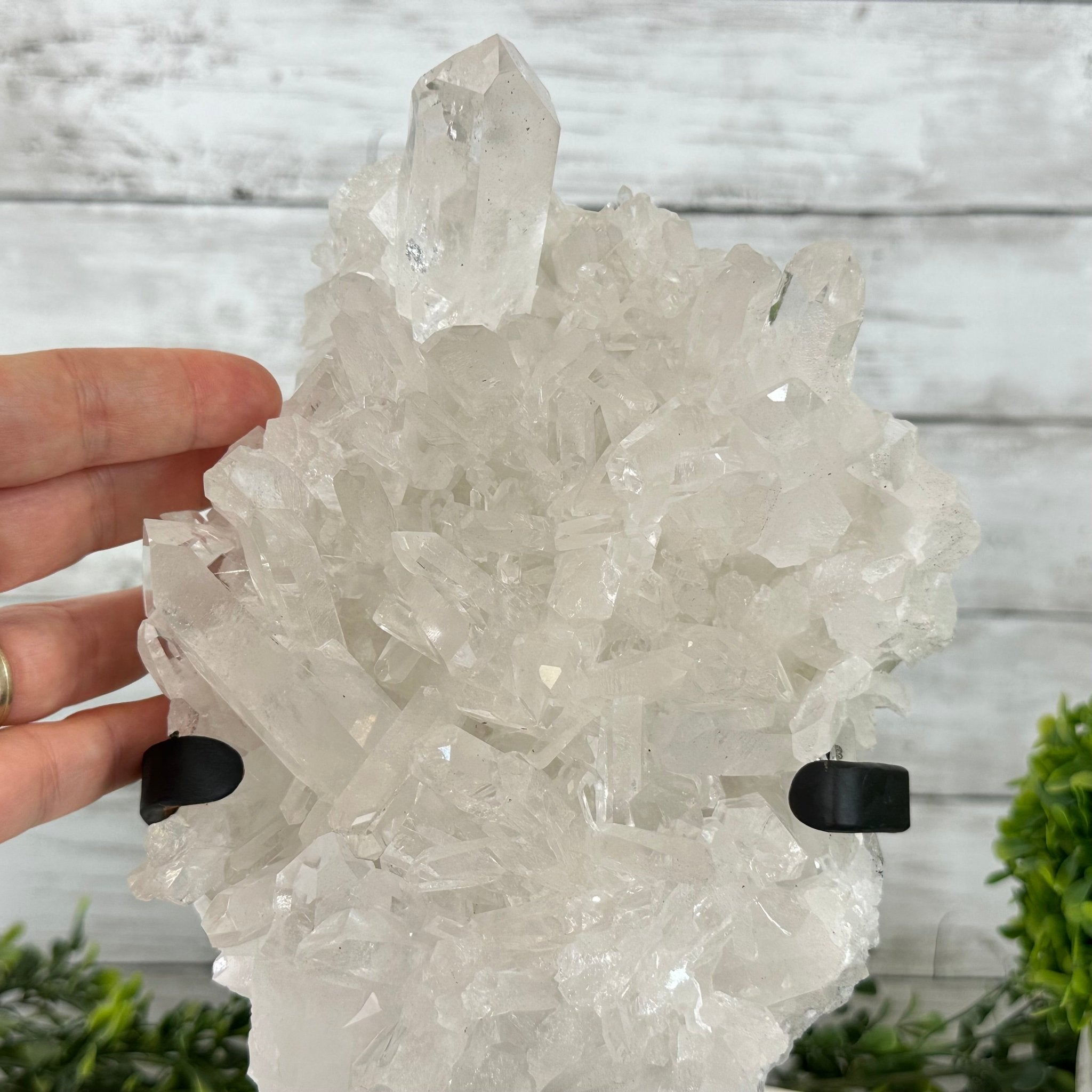 Super Quality Clear Quartz Crystal Cluster, metal base, 8.4 lbs & 11.1" Tall #5495-0077 by Brazil Gems® - Brazil GemsBrazil GemsSuper Quality Clear Quartz Crystal Cluster, metal base, 8.4 lbs & 11.1" Tall #5495-0077 by Brazil Gems®Clusters on Fixed Bases5495-0077