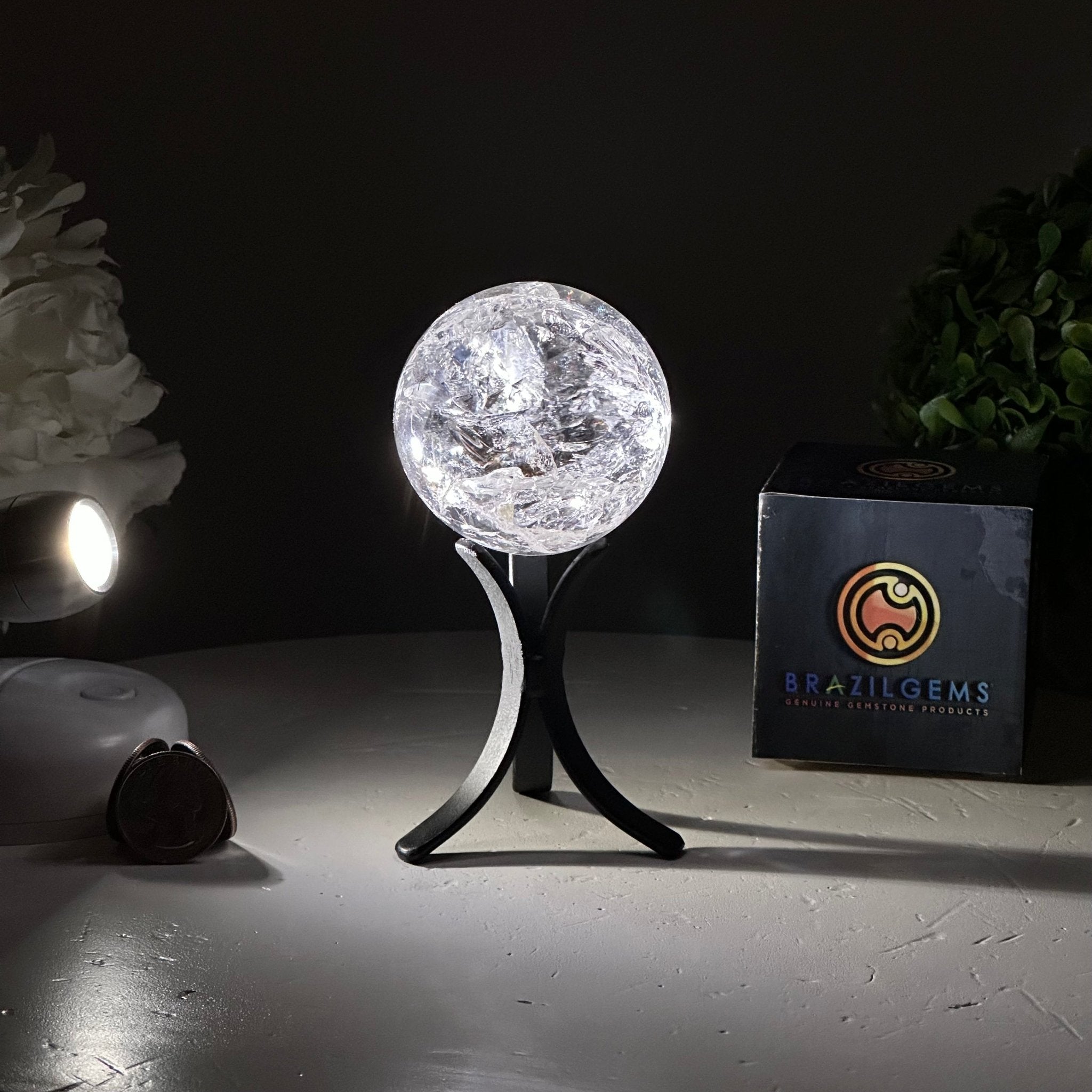 Super Quality Clear Quartz Sphere on a Metal Base, 0.6 lbs & 4.9" Tall #5631 - 0014 - Brazil GemsBrazil GemsSuper Quality Clear Quartz Sphere on a Metal Base, 0.6 lbs & 4.9" Tall #5631 - 0014Spheres5631 - 0014