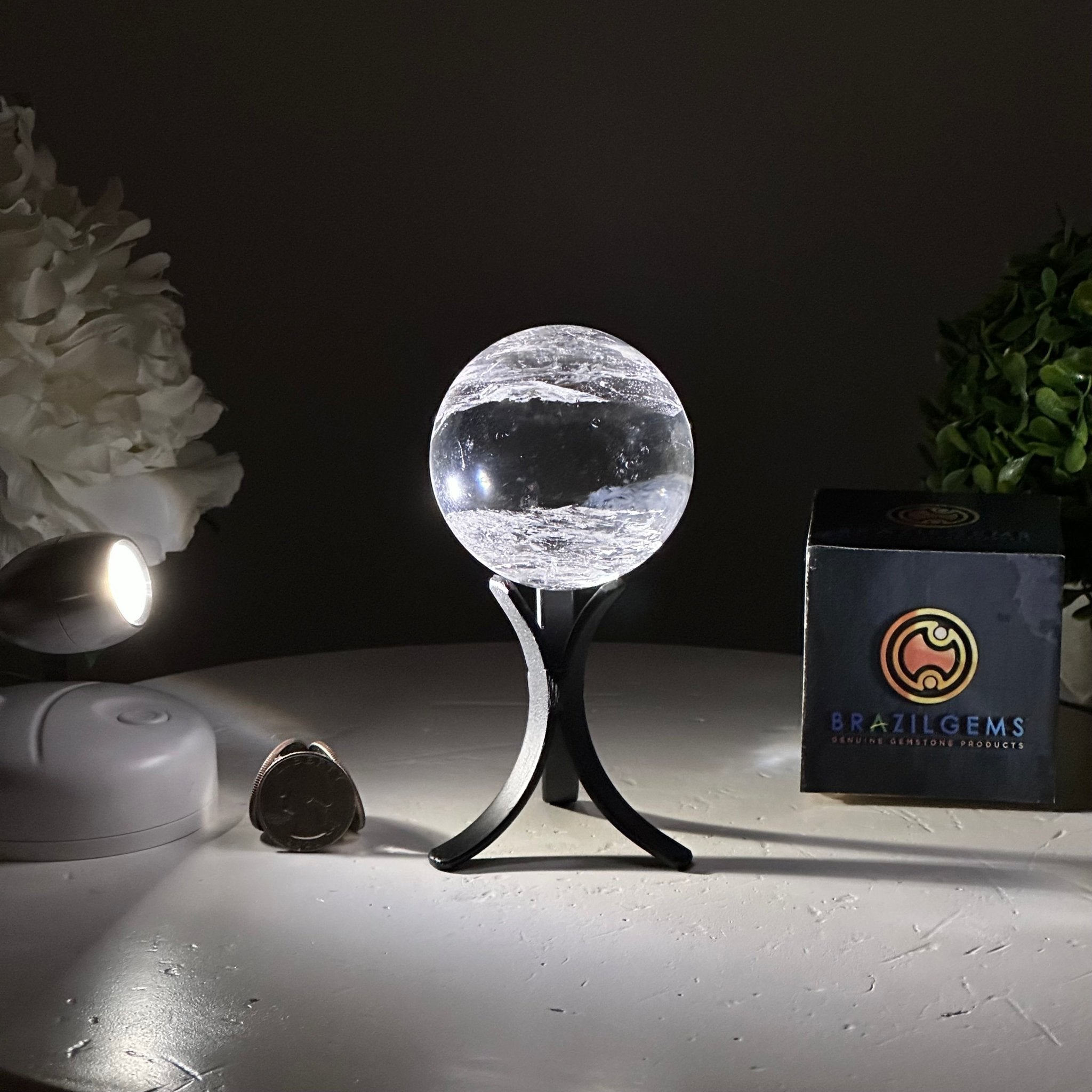 Super Quality Clear Quartz Sphere on a Metal Base, 0.7 lbs & 5" Tall #5631 - 0015 - Brazil GemsBrazil GemsSuper Quality Clear Quartz Sphere on a Metal Base, 0.7 lbs & 5" Tall #5631 - 0015Spheres5631 - 0015