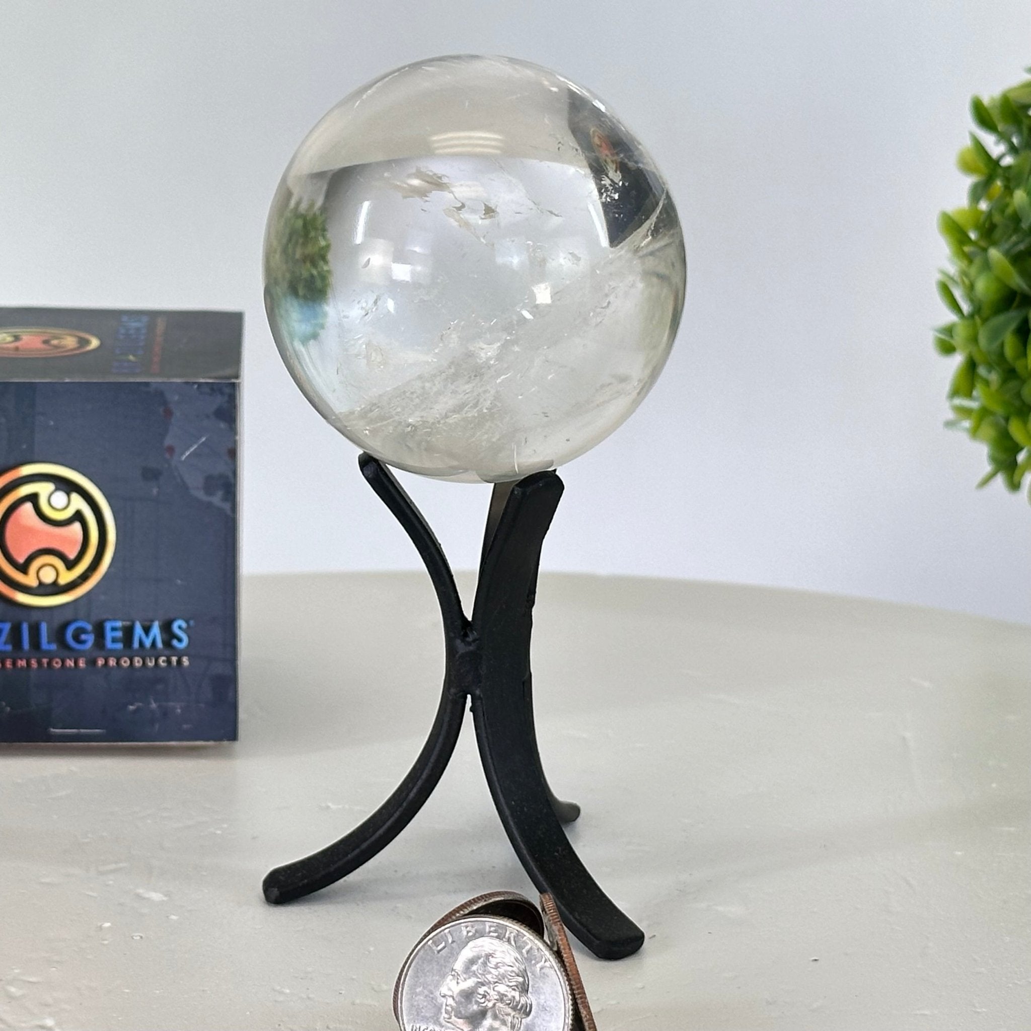 Super Quality Clear Quartz Sphere on a Metal Base, 0.7 lbs & 5.1" Tall #5631 - 0016 - Brazil GemsBrazil GemsSuper Quality Clear Quartz Sphere on a Metal Base, 0.7 lbs & 5.1" Tall #5631 - 0016Spheres5631 - 0016