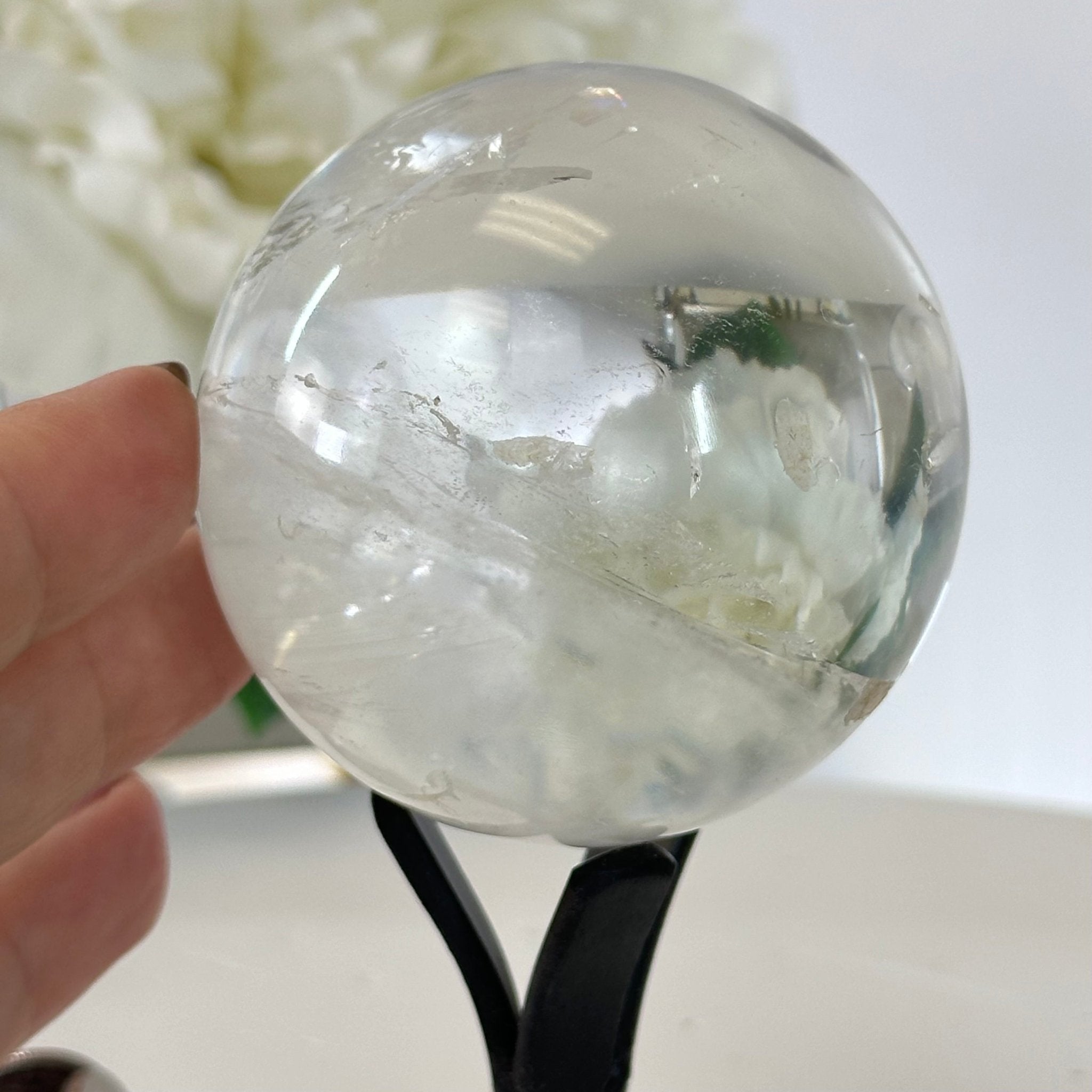 Super Quality Clear Quartz Sphere on a Metal Base, 0.7 lbs & 5.1" Tall #5631 - 0016 - Brazil GemsBrazil GemsSuper Quality Clear Quartz Sphere on a Metal Base, 0.7 lbs & 5.1" Tall #5631 - 0016Spheres5631 - 0016