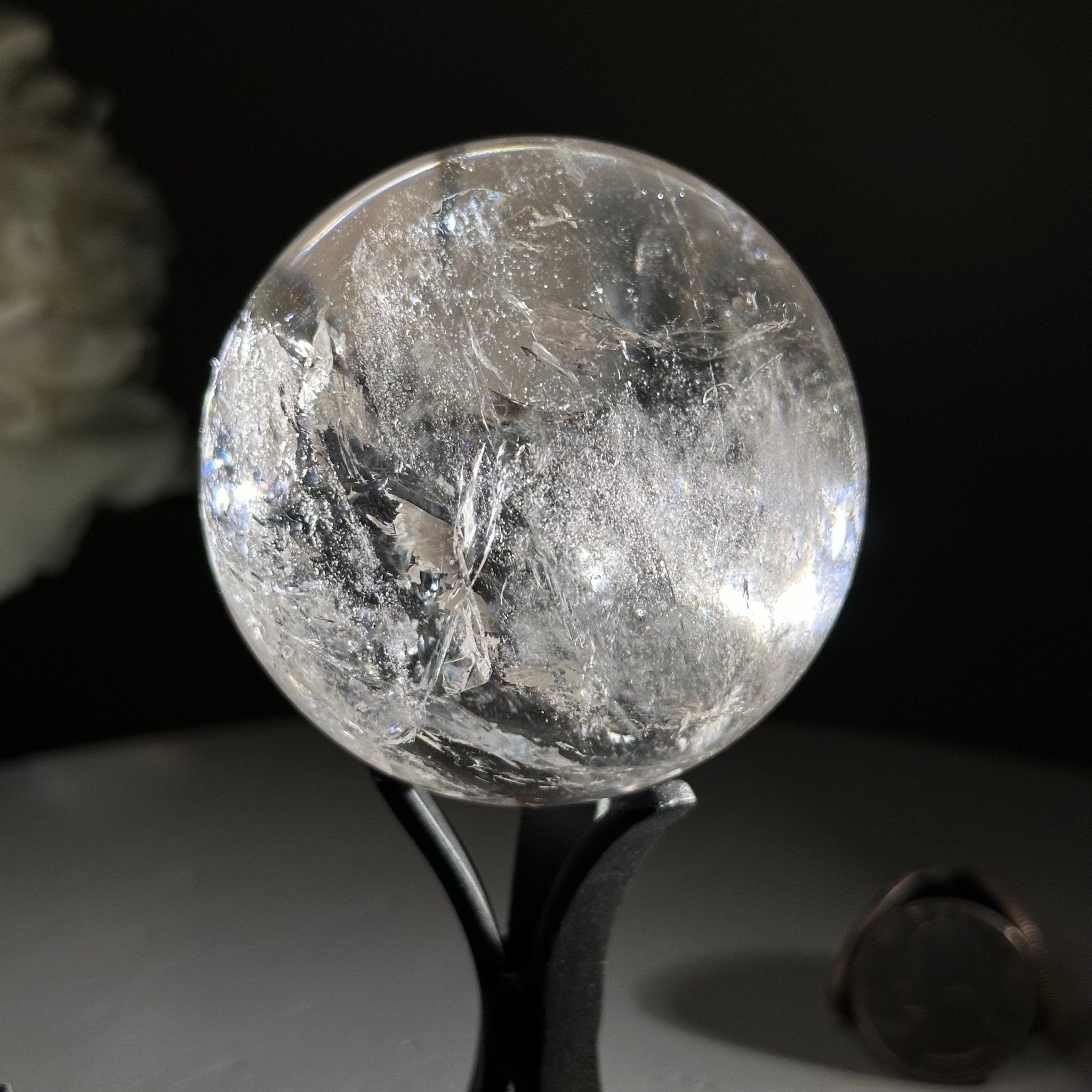 Super Quality Clear Quartz Sphere on a Metal Base, 0.8 lbs & 5.1" Tall #5631 - 0017 - Brazil GemsBrazil GemsSuper Quality Clear Quartz Sphere on a Metal Base, 0.8 lbs & 5.1" Tall #5631 - 0017Spheres5631 - 0017