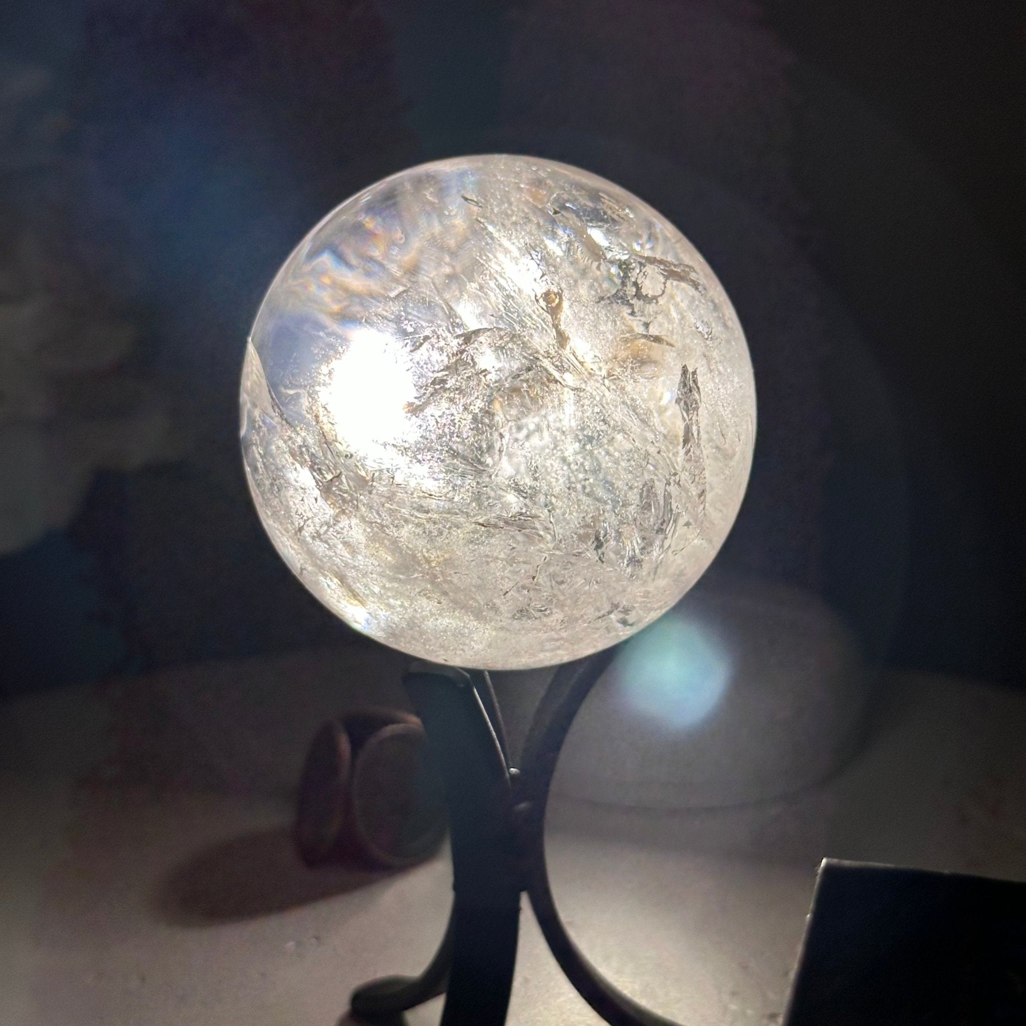 Super Quality Clear Quartz Sphere on a Metal Base, 0.8 lbs & 5.1" Tall #5631 - 0017 - Brazil GemsBrazil GemsSuper Quality Clear Quartz Sphere on a Metal Base, 0.8 lbs & 5.1" Tall #5631 - 0017Spheres5631 - 0017