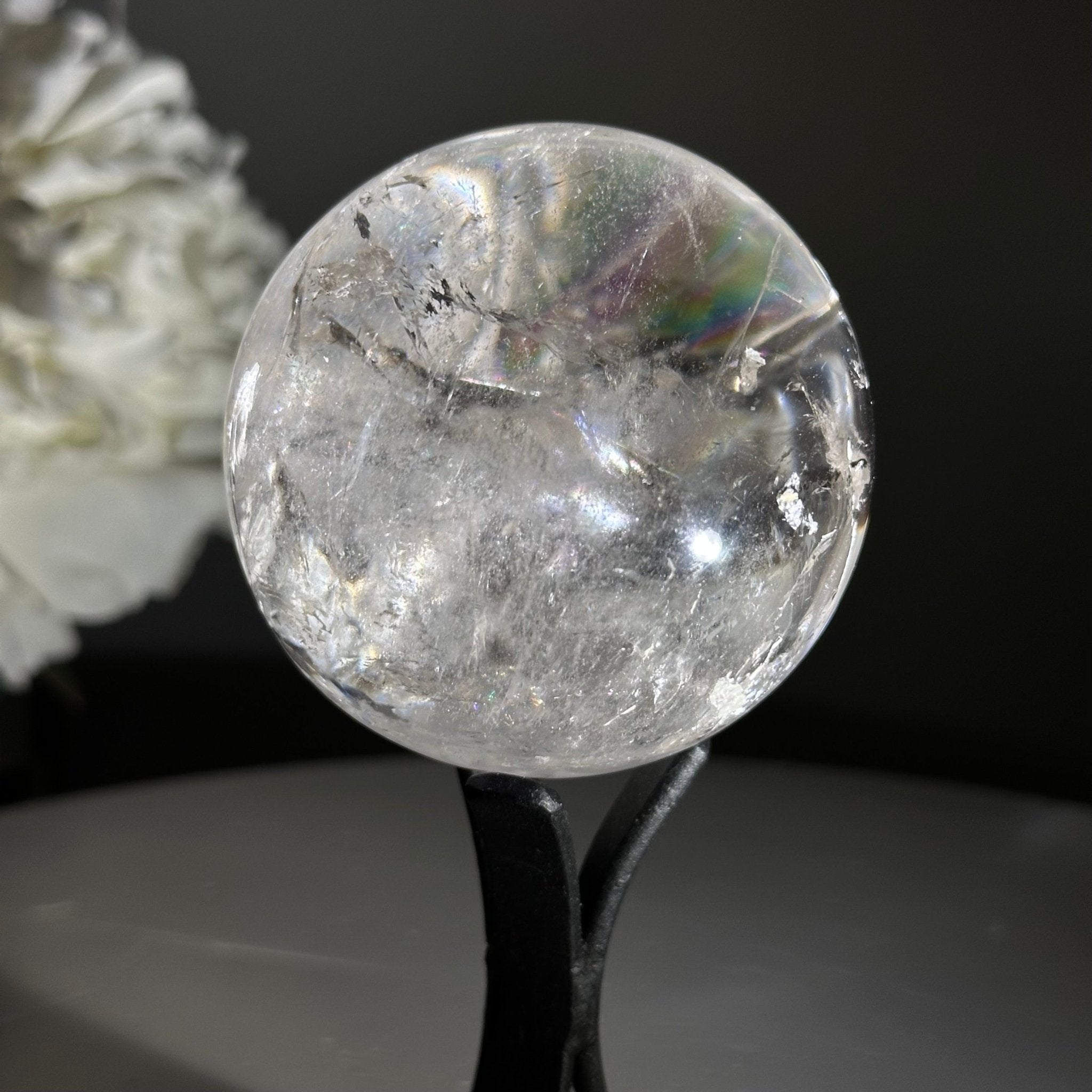 Super Quality Clear Quartz Sphere on a Metal Base, 0.8 lbs & 5.1" Tall #5631 - 0017 - Brazil GemsBrazil GemsSuper Quality Clear Quartz Sphere on a Metal Base, 0.8 lbs & 5.1" Tall #5631 - 0017Spheres5631 - 0017