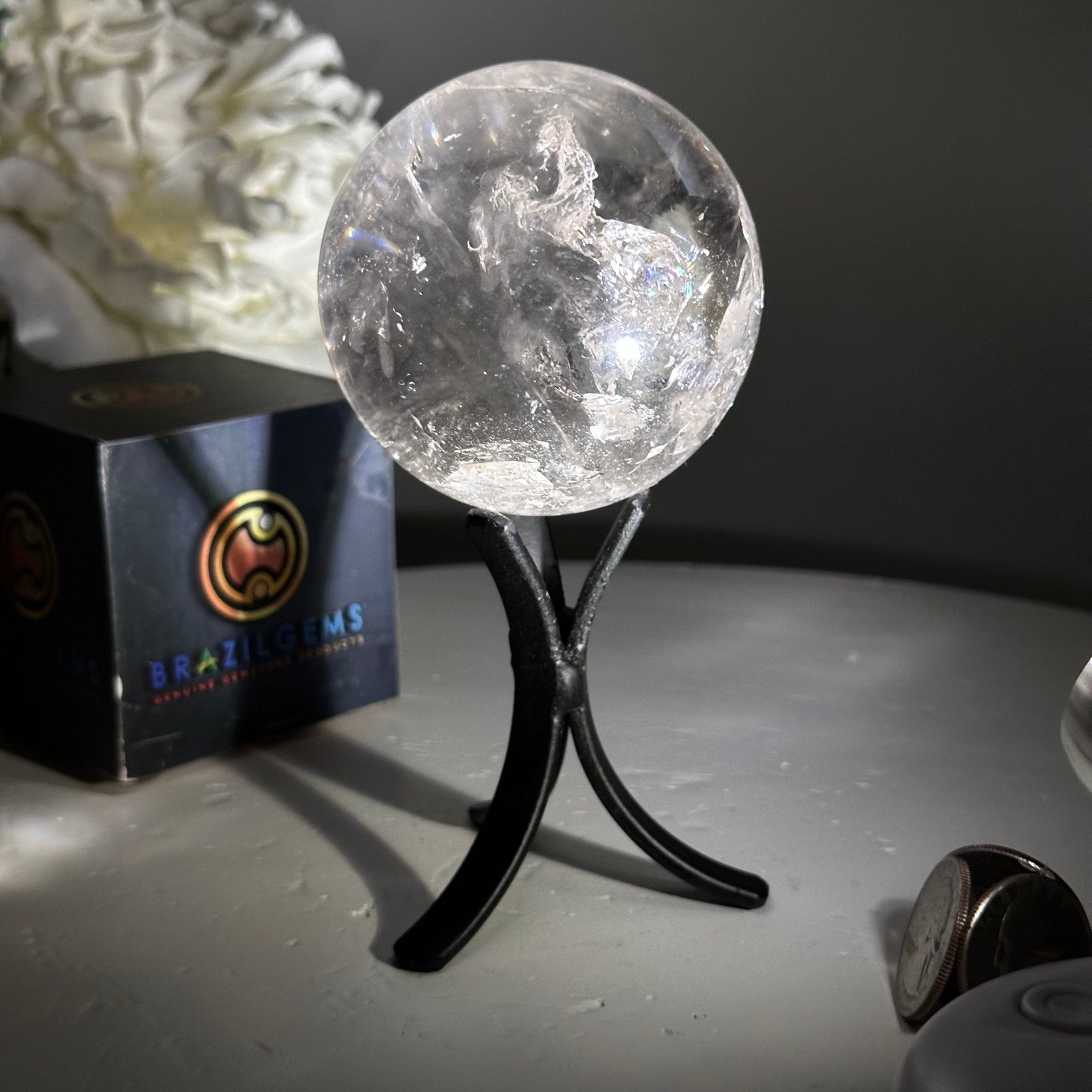 Super Quality Clear Quartz Sphere on a Metal Base, 0.9 lbs & 5.3" Tall #5631 - 0019 - Brazil GemsBrazil GemsSuper Quality Clear Quartz Sphere on a Metal Base, 0.9 lbs & 5.3" Tall #5631 - 0019Spheres5631 - 0019