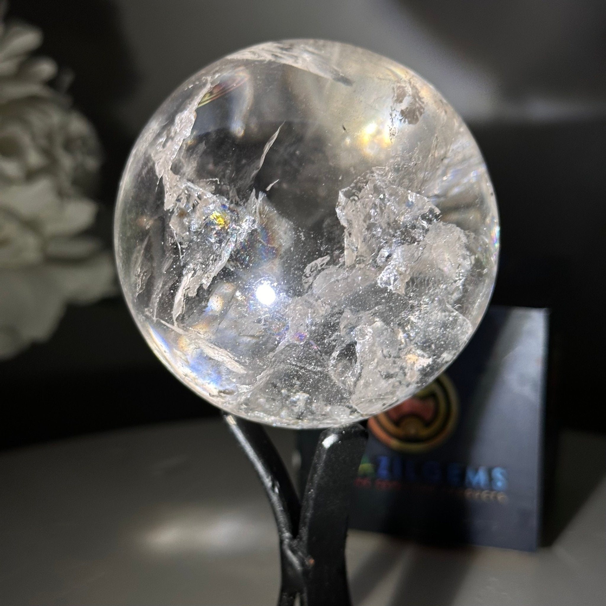 Super Quality Clear Quartz Sphere on a Metal Base, 0.9 lbs & 5.3" Tall #5631 - 0019 - Brazil GemsBrazil GemsSuper Quality Clear Quartz Sphere on a Metal Base, 0.9 lbs & 5.3" Tall #5631 - 0019Spheres5631 - 0019