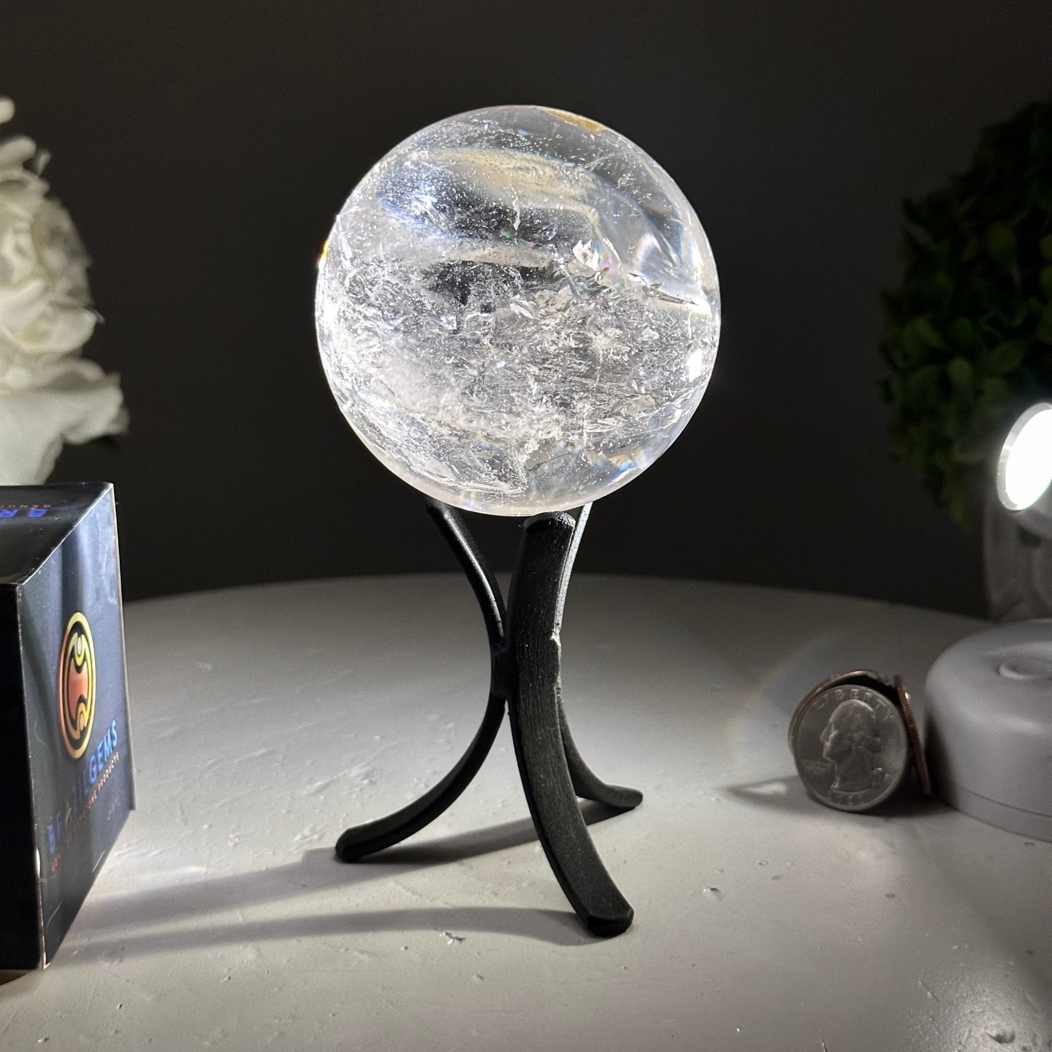 Super Quality Clear Quartz Sphere on a Metal Base, 1 lb & 5.4" Tall #5631 - 0020 - Brazil GemsBrazil GemsSuper Quality Clear Quartz Sphere on a Metal Base, 1 lb & 5.4" Tall #5631 - 0020Spheres5631 - 0020