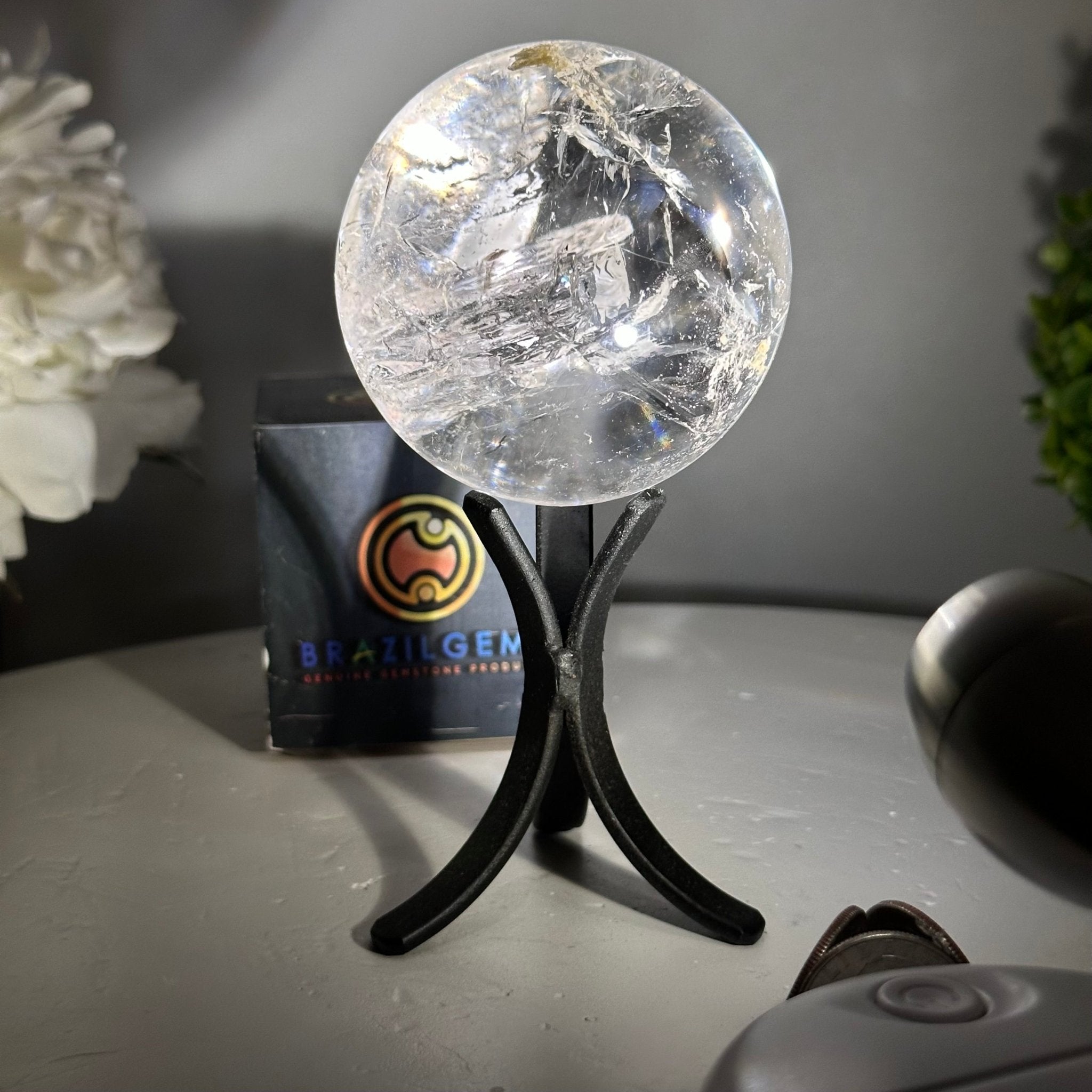 Super Quality Clear Quartz Sphere on a Metal Base, 1 lb & 5.4" Tall #5631 - 0020 - Brazil GemsBrazil GemsSuper Quality Clear Quartz Sphere on a Metal Base, 1 lb & 5.4" Tall #5631 - 0020Spheres5631 - 0020