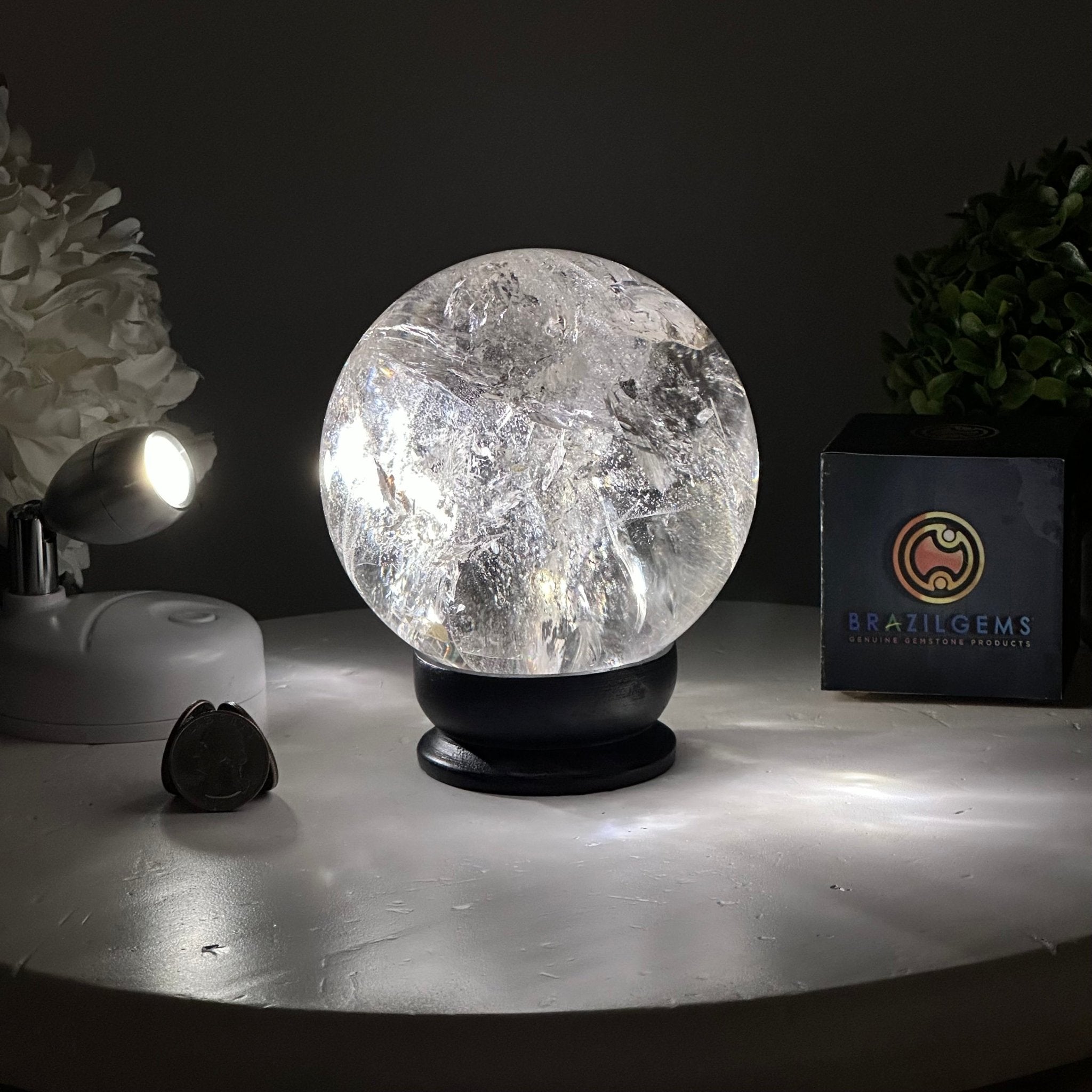 Super Quality Clear Quartz Sphere on a Metal Base 3.8 lbs & 7.5" Tall #5631 - 0030 - Brazil GemsBrazil GemsSuper Quality Clear Quartz Sphere on a Metal Base 3.8 lbs & 7.5" Tall #5631 - 0030Spheres5631 - 0030