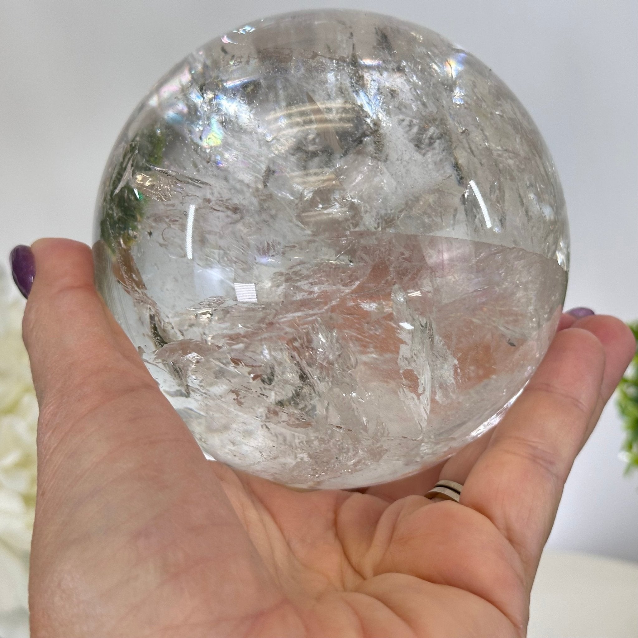 Super Quality Clear Quartz Sphere on a Metal Base 3.8 lbs & 7.5" Tall #5631 - 0030 - Brazil GemsBrazil GemsSuper Quality Clear Quartz Sphere on a Metal Base 3.8 lbs & 7.5" Tall #5631 - 0030Spheres5631 - 0030