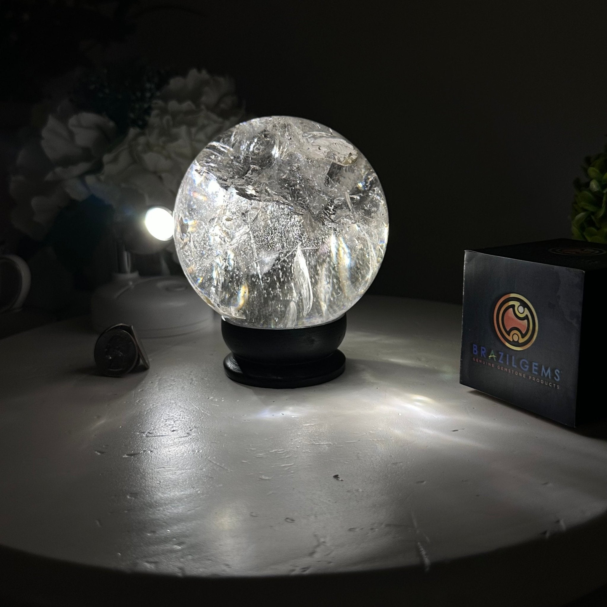 Super Quality Clear Quartz Sphere on a Metal Base 3.8 lbs & 7.5" Tall #5631 - 0030 - Brazil GemsBrazil GemsSuper Quality Clear Quartz Sphere on a Metal Base 3.8 lbs & 7.5" Tall #5631 - 0030Spheres5631 - 0030