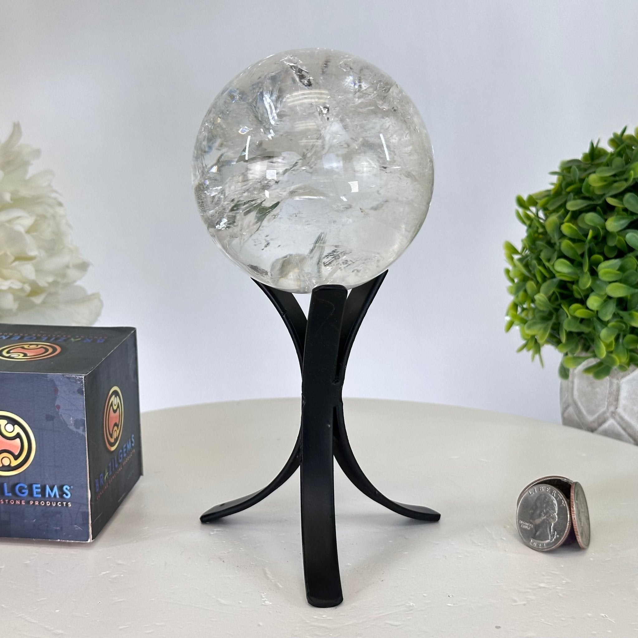 Super Quality Clear Quartz Sphere on Metal Base 1.7 lbs & 7.1" Tall #5631 - 0023 - Brazil GemsBrazil GemsSuper Quality Clear Quartz Sphere on Metal Base 1.7 lbs & 7.1" Tall #5631 - 0023Spheres5631 - 0023