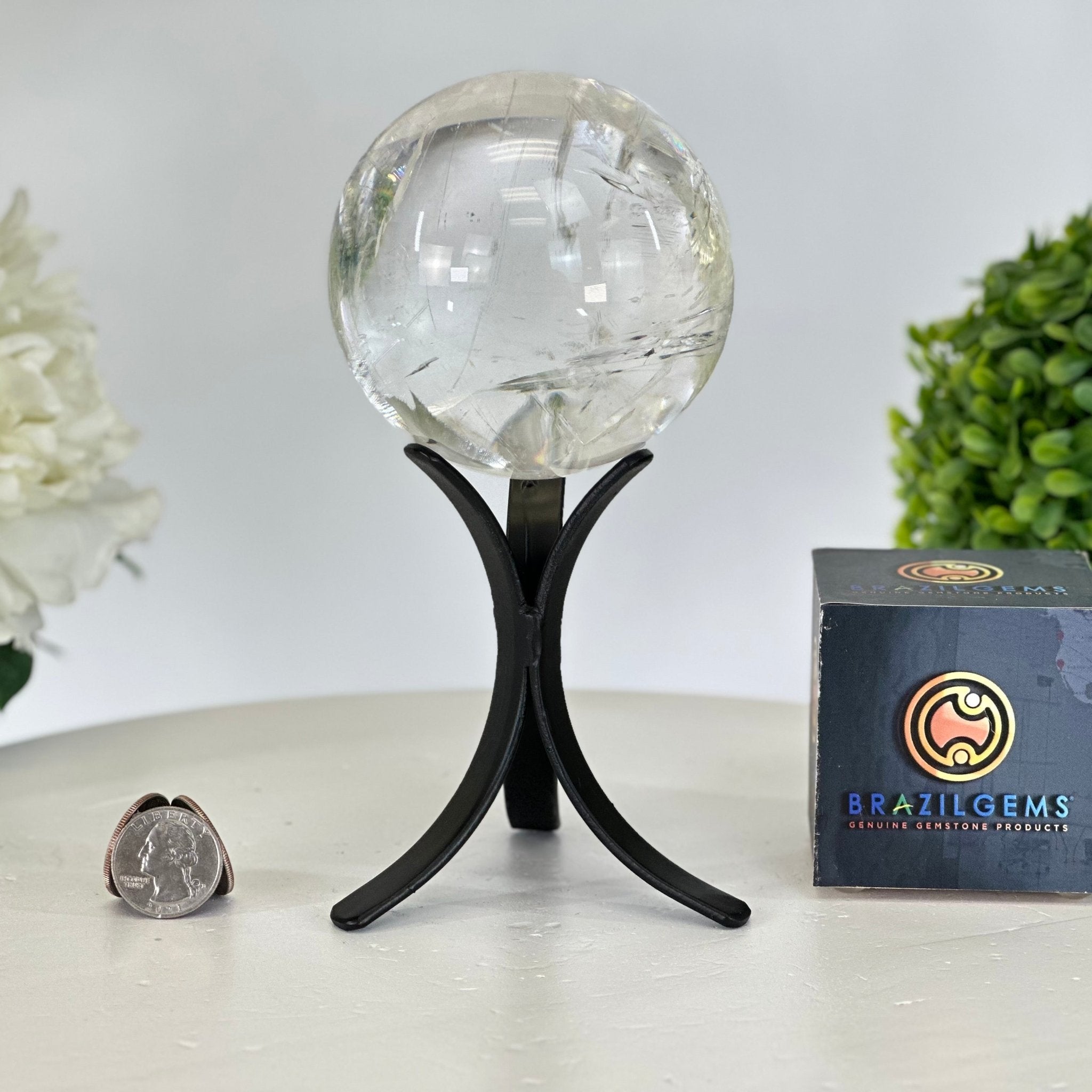 Super Quality Clear Quartz Sphere on Metal Base 2.1 lbs & 7.2" Tall #5631 - 0025 - Brazil GemsBrazil GemsSuper Quality Clear Quartz Sphere on Metal Base 2.1 lbs & 7.2" Tall #5631 - 0025Spheres5631 - 0025