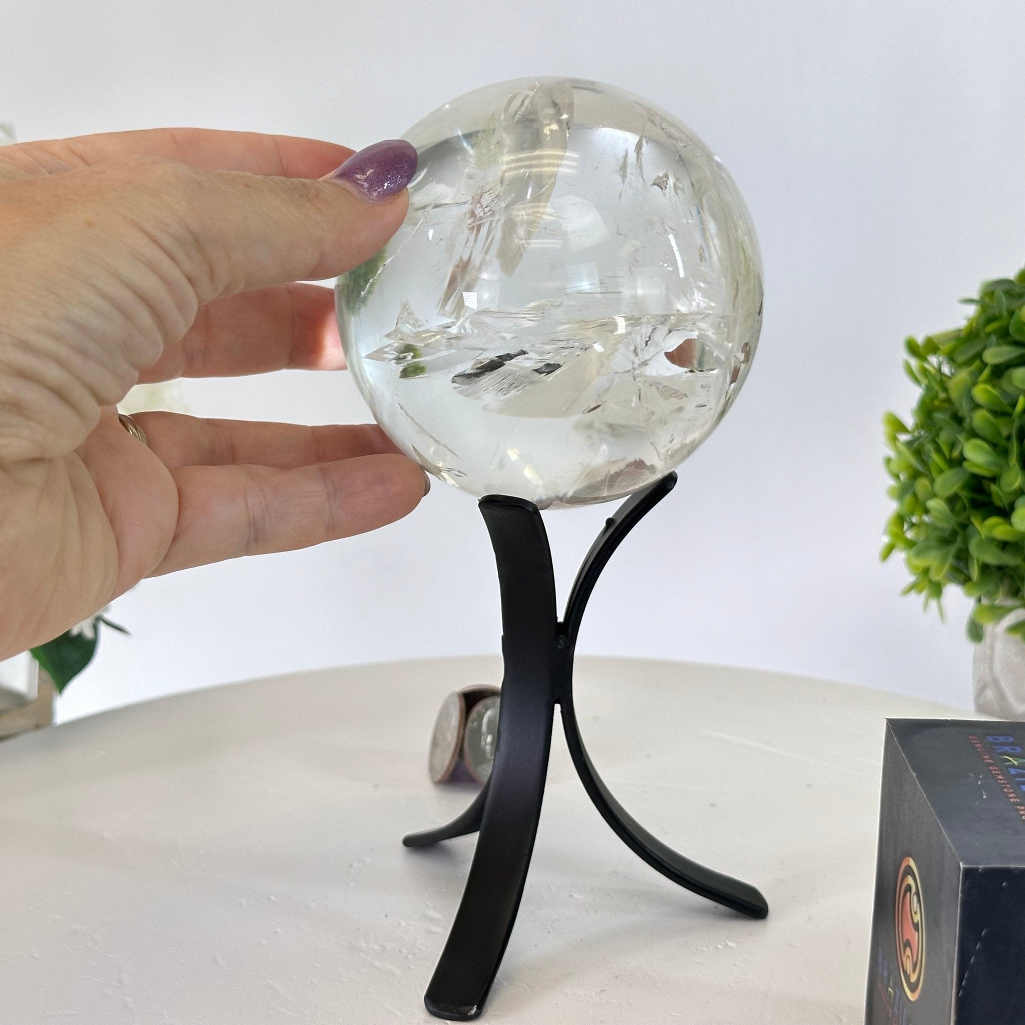 Super Quality Clear Quartz Sphere on Metal Base 2.1 lbs & 7.2" Tall #5631 - 0025 - Brazil GemsBrazil GemsSuper Quality Clear Quartz Sphere on Metal Base 2.1 lbs & 7.2" Tall #5631 - 0025Spheres5631 - 0025