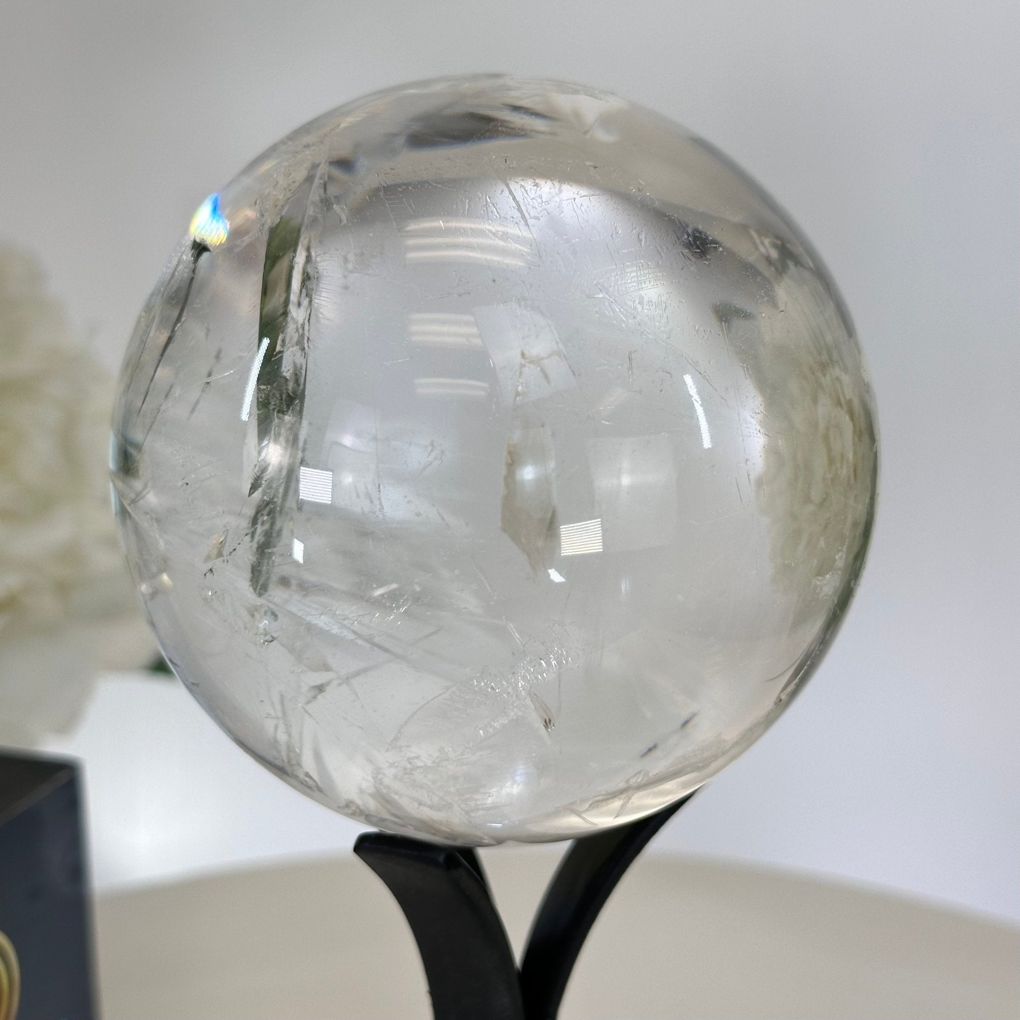 Super Quality Clear Quartz Sphere on Metal Base 2.1 lbs & 7.2" Tall #5631 - 0025 - Brazil GemsBrazil GemsSuper Quality Clear Quartz Sphere on Metal Base 2.1 lbs & 7.2" Tall #5631 - 0025Spheres5631 - 0025