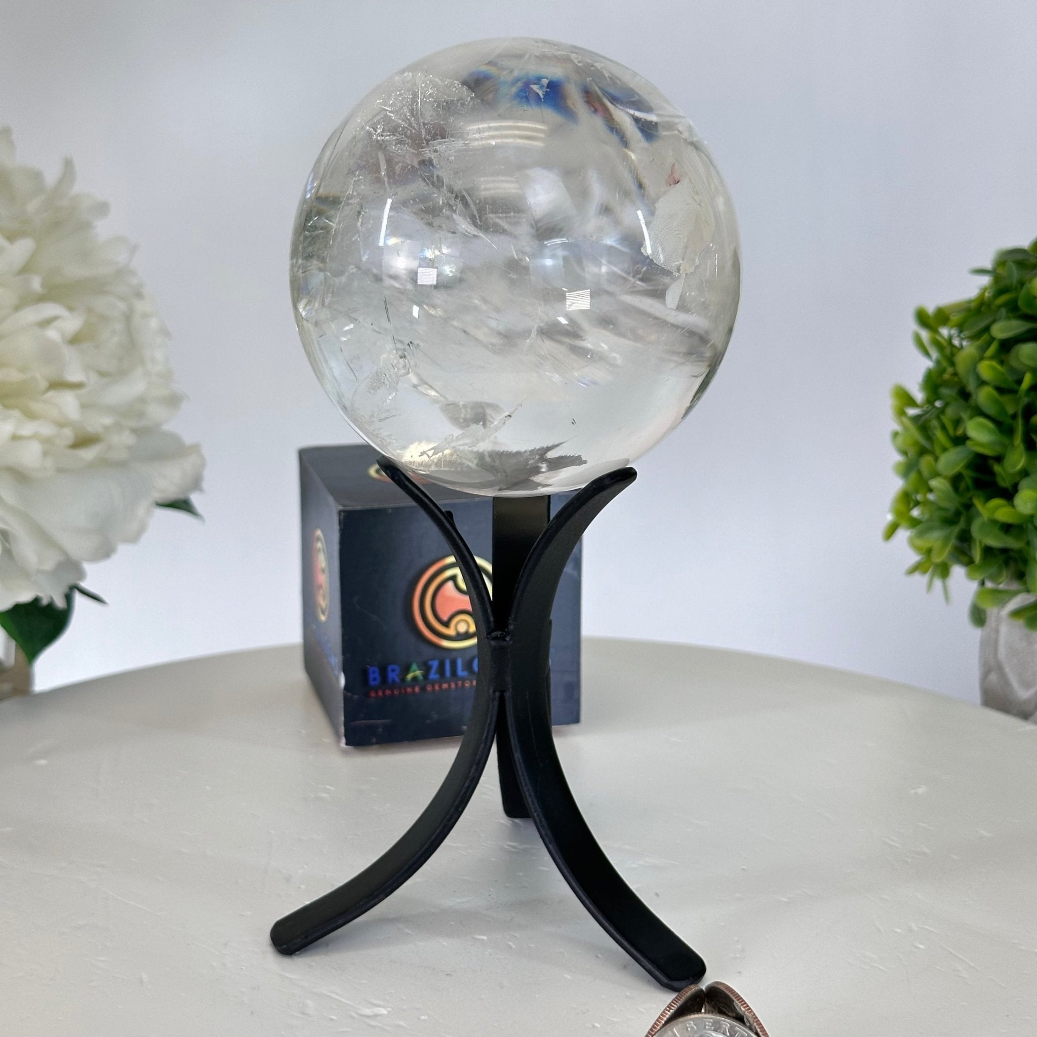 Super Quality Clear Quartz Sphere on Metal Base 2.1 lbs & 7.2" Tall #5631 - 0025 - Brazil GemsBrazil GemsSuper Quality Clear Quartz Sphere on Metal Base 2.1 lbs & 7.2" Tall #5631 - 0025Spheres5631 - 0025