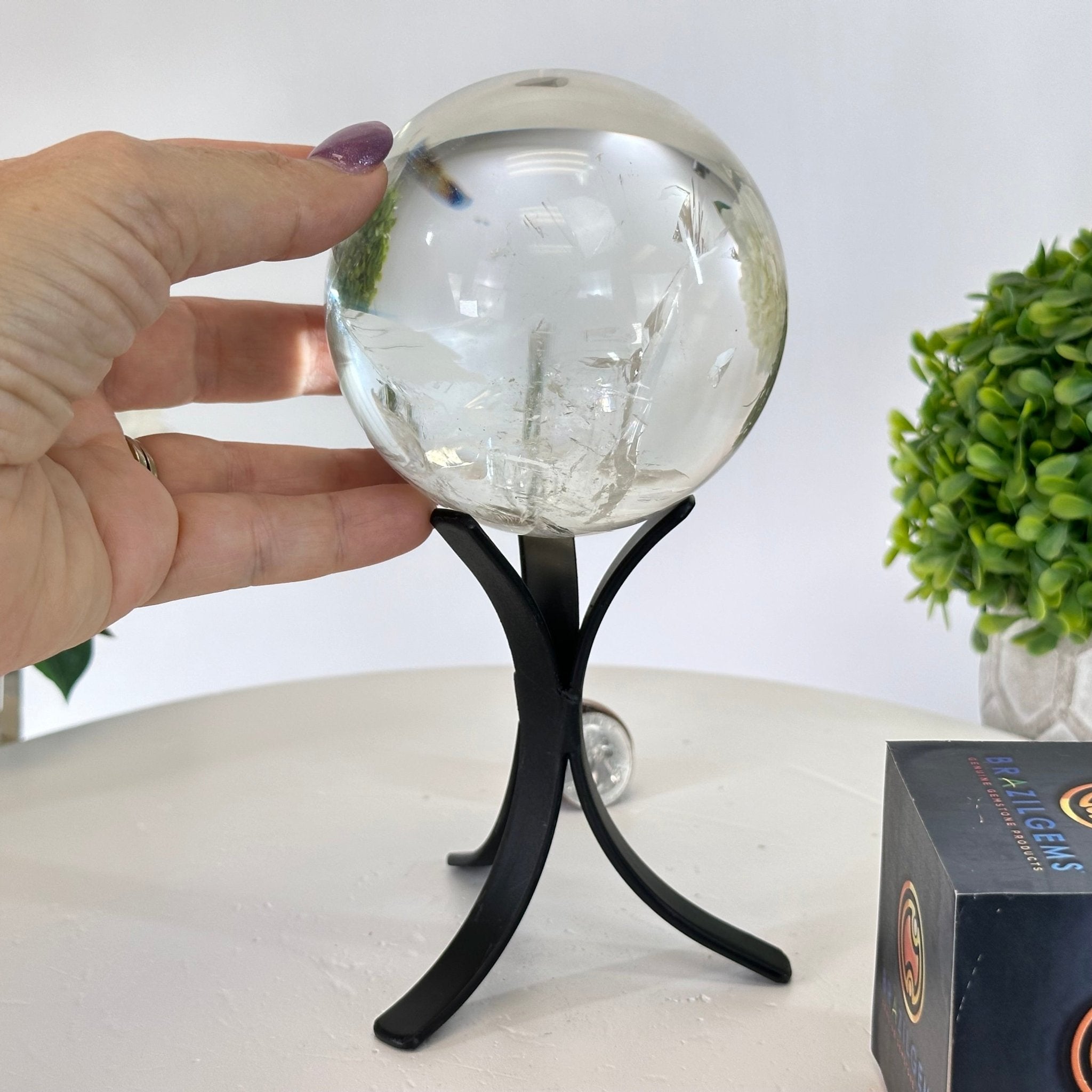 Super Quality Clear Quartz Sphere on Metal Base 2.2 lbs & 7.3" Tall #5631 - 0027 - Brazil GemsBrazil GemsSuper Quality Clear Quartz Sphere on Metal Base 2.2 lbs & 7.3" Tall #5631 - 0027Spheres5631 - 0027